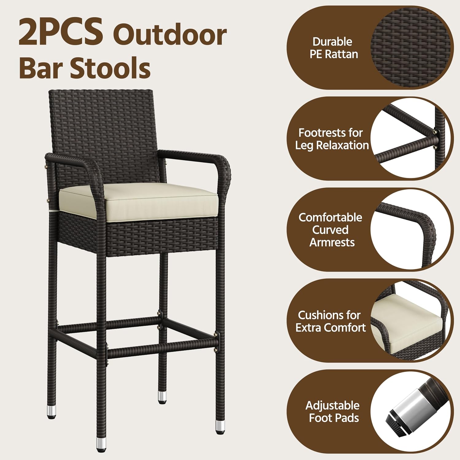 Yaheetech Outdoor Bar Stools Set of 2, Patio Wicker Chairs with Armrests, Footrests, Cushion for Porch Garden Balcony Backyard, Brown/Beige