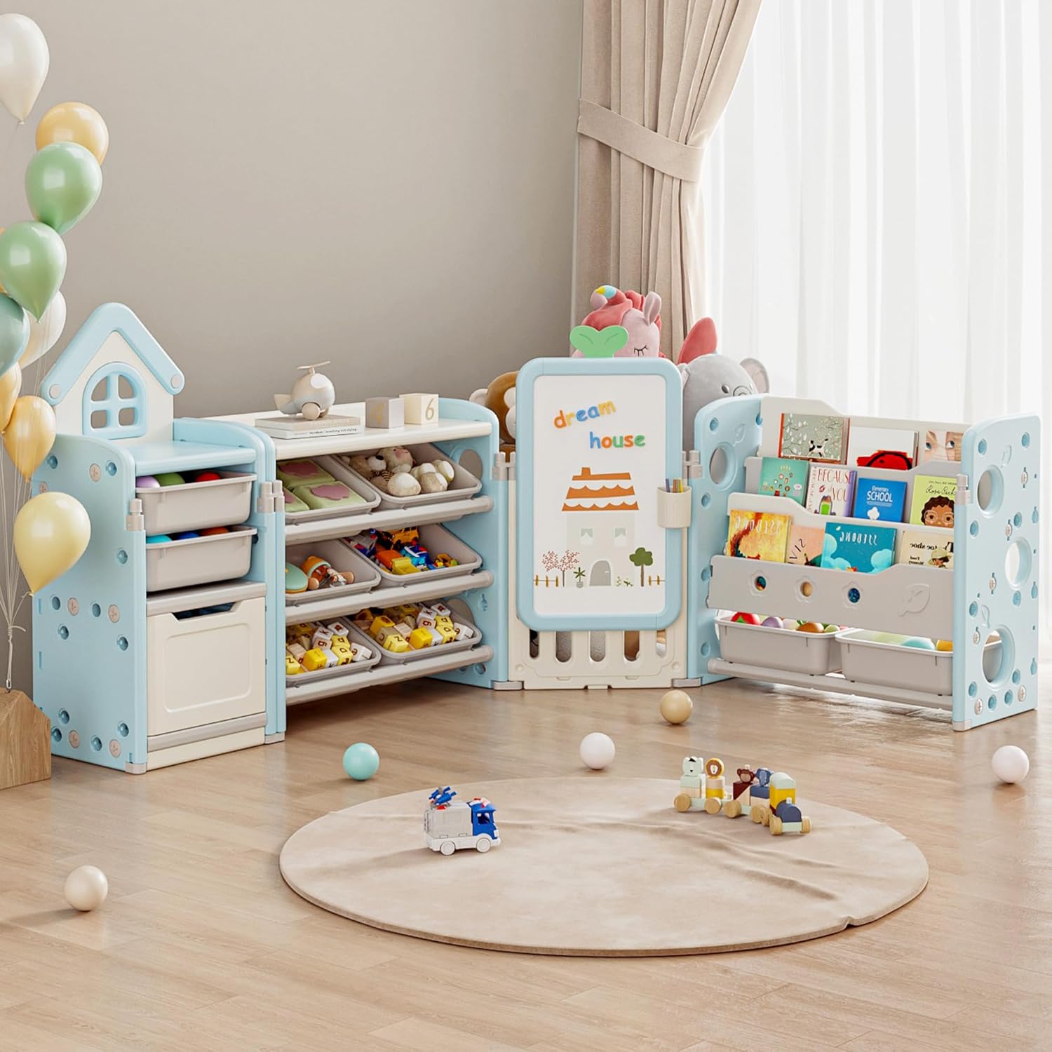 DEYGIA Foldable Kid Toy Storage Organizer with 10 Removable Bins and 3-Tier Bookshelf, 4 in 1 Multifunctional Large Toy Organizer with Drawing Board for Kid Bedroom Playroom Living Room, Light Blue