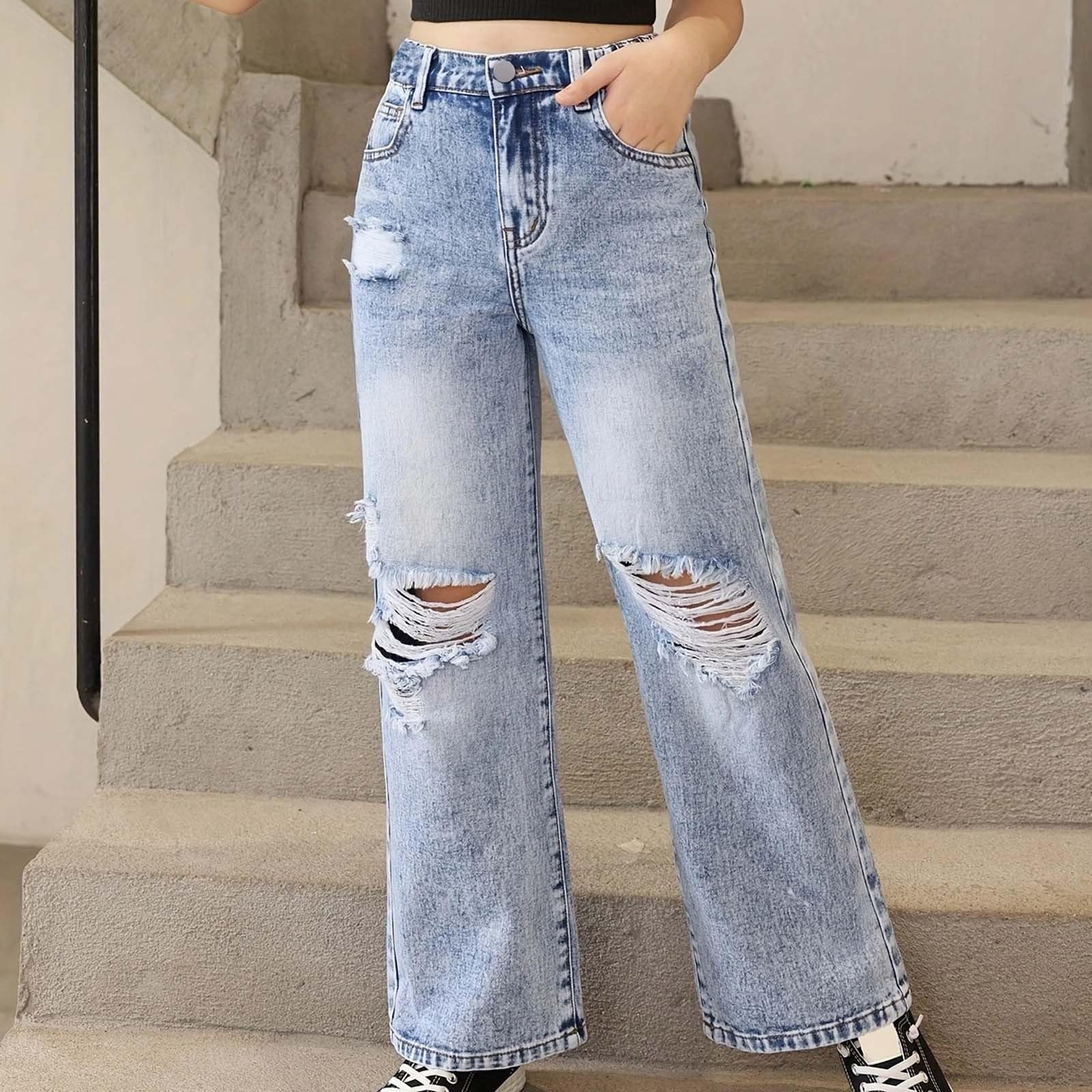 Generico Jeans Bambina 6-14 Anni Baggy Dritto Strappati Pantaloni Jeans Denim Ragazza Elasticizzati Vita Alta Casual Pantaloni da Lavoro Cargo Ampia Invernale con Tasconi Holiday Outdoor