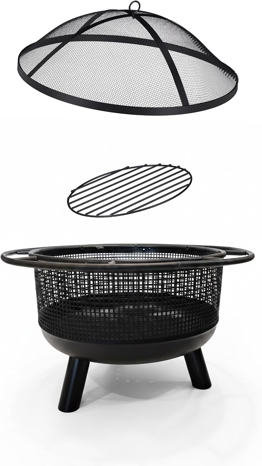 Relaxdays Fire Pit with Spark Screen, H: 52x60 cm, Poker, Garden & Terrace, Outdoor Fire Bowl, Iron, Black