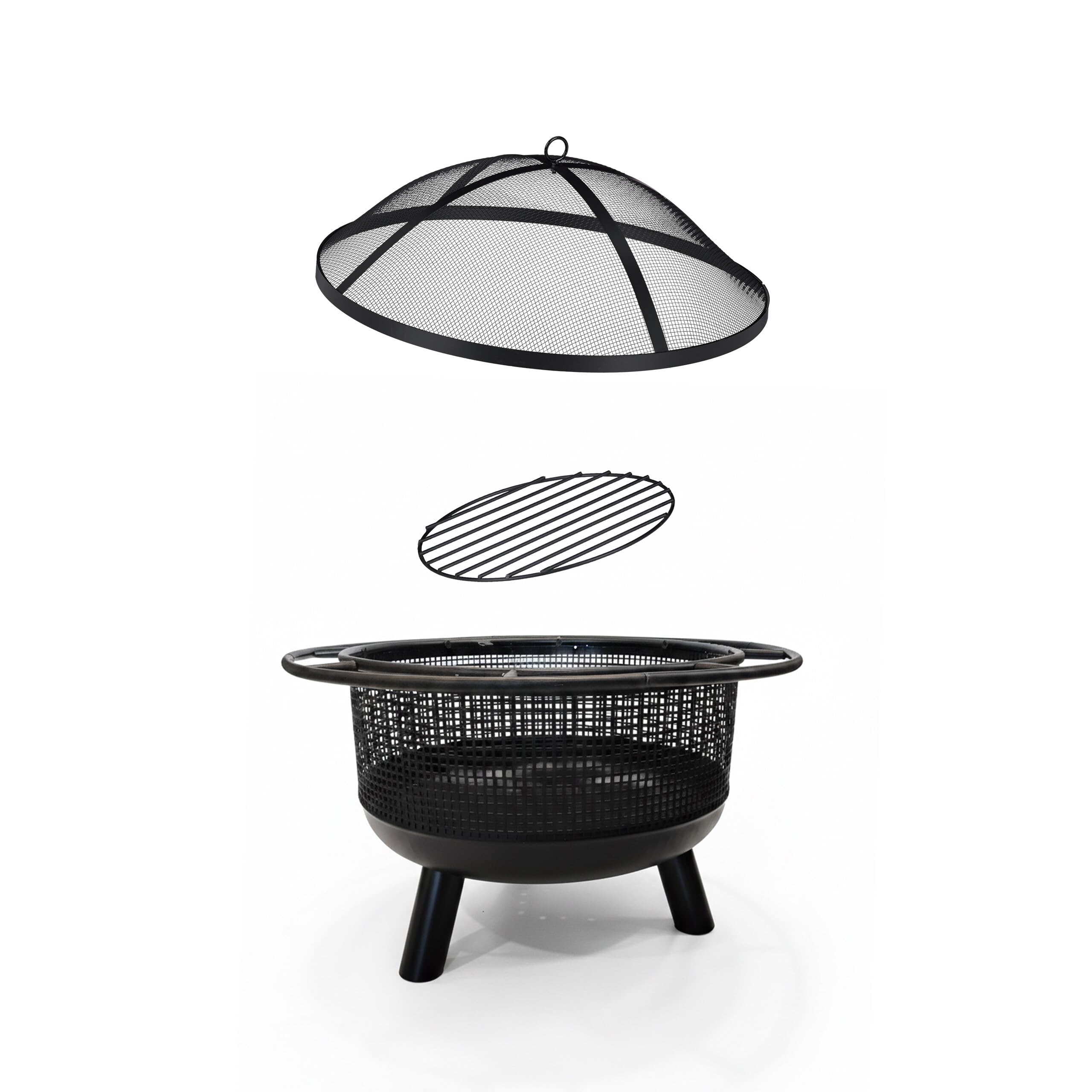 Relaxdays Feuerschale mit Funkenschutz, HD: 52x60 cm, Schürhaken, Garten & Terrasse, Outdoor Feuerstelle, Eisen, schwarz