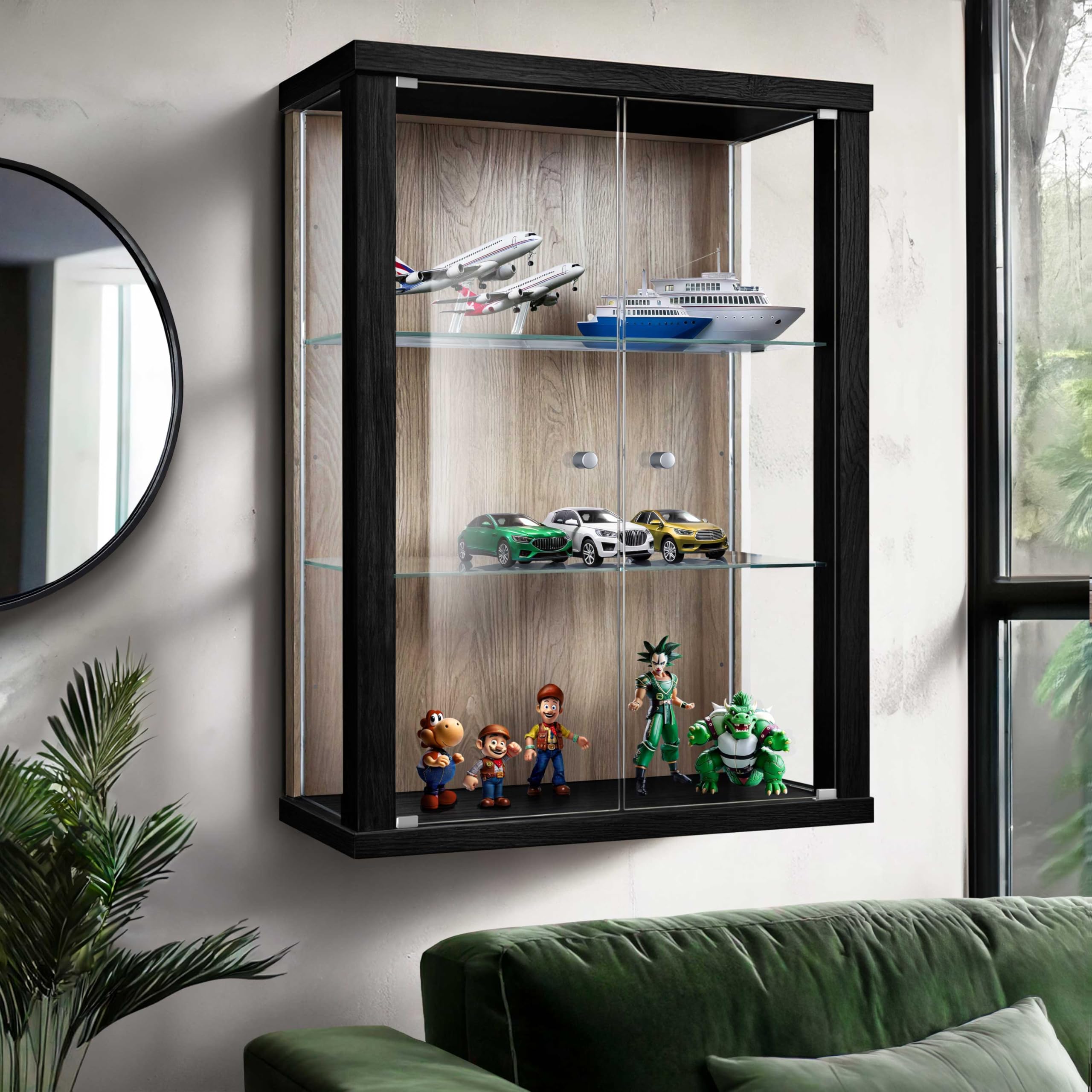 Hängevitrine Glas (80x60x25cm) - Made in Germany - Glasvitrine hängend mit 2 höhenverstellbaren Glasböden aus ESG in Schwarz/Sonoma Eiche - Schrank mit Glastüren - Wandvitrine