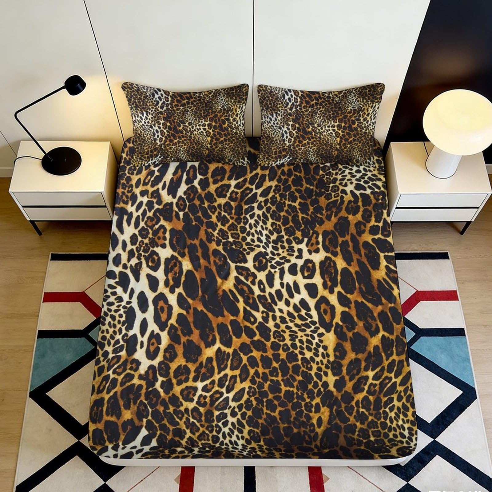 3D Printed leopard pattern Fitted Sheet, Microfiber soft touch, wrinkle resistant, guest room bedding, easy care, stylish home decor 140x200x25cm