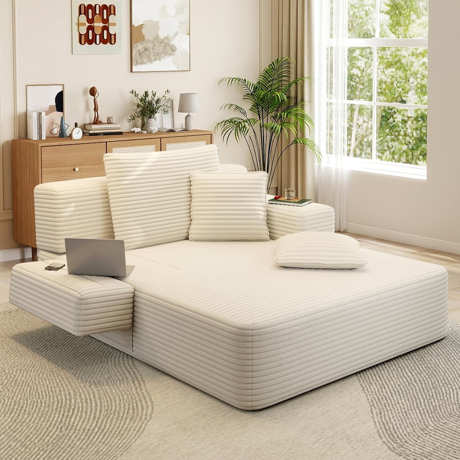 60.2"D Oversized Chaise Lounge Chair Indoor, 2-in-1 Corduroy Comfy Boneless Sofa Chair with Flipable Armrest & Backrest & Side Pocket, Cloud Sleeper Sofa Couch Bed for Living Room, Bedroom(Beige)