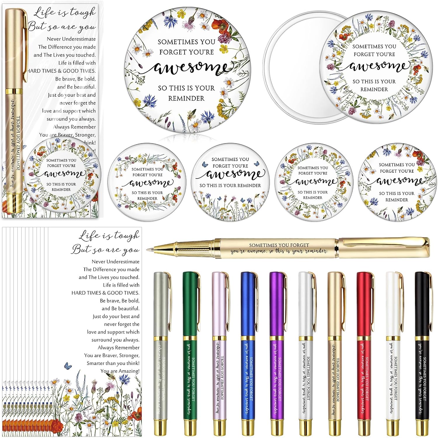 20 Sets Inspirational Gifts Bulk for Women Sometimes You Forget You're Awesome Mini Compact Mirrors Positive Pens for Graduation New Nurses Teachers Office Staff Coworker Assistant (Wildflower)