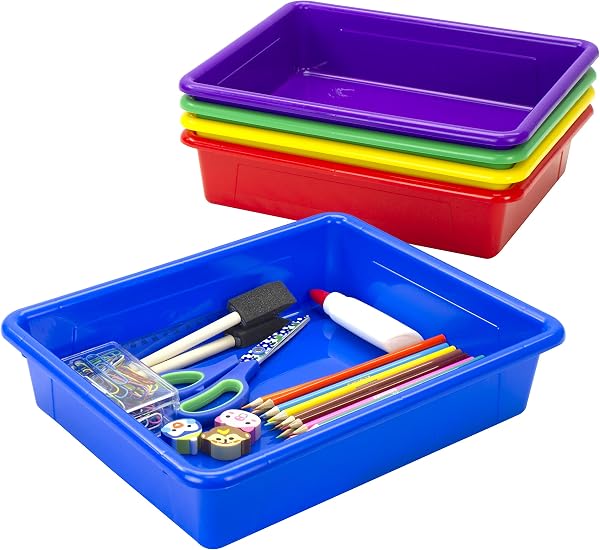 Storex Letter Size Flat Storage Tray – Organizer Bin for Classroom, Office and Home, Assorted Colors, 5-Pack (62514E05