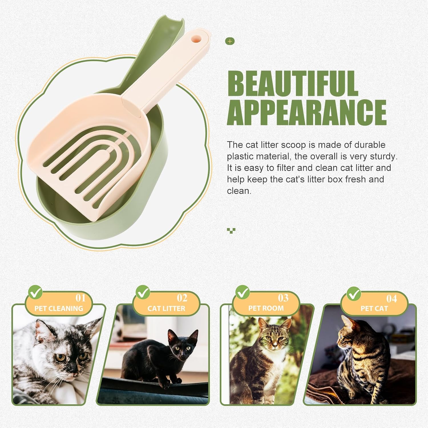Portable Cat Litter Scoop Multifunctional Green Plastic Pet Poop Shovel for Cat Litter Box Cleaning Supplies