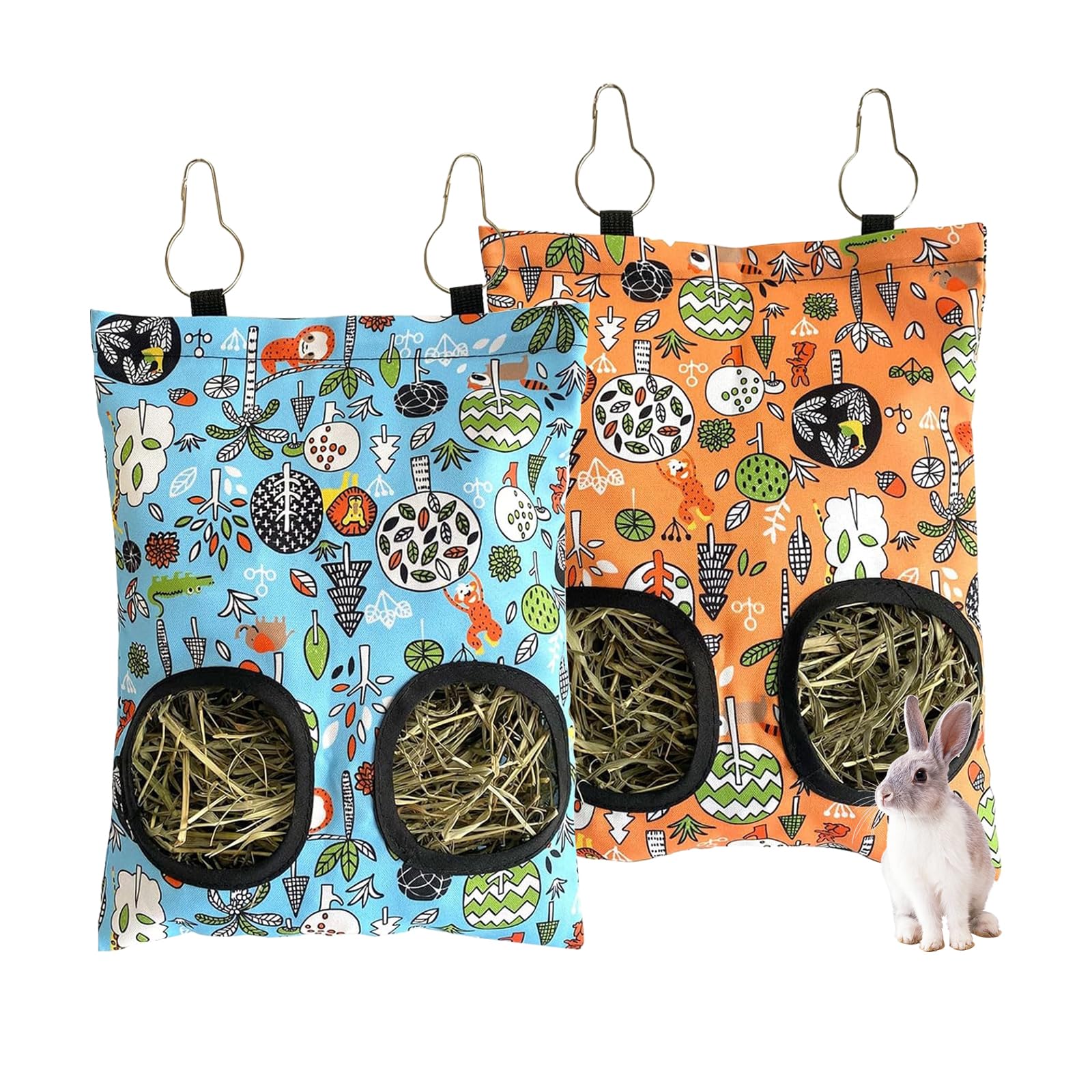 2Pcs Rabbit Hay Feeder Bag 11.8 x 9 Inch Oxford,2 Hole Guinea Pig Hay Bags Storage Dispenser for Rabbits Chinchillas Hamsters Small Pets and Animal,