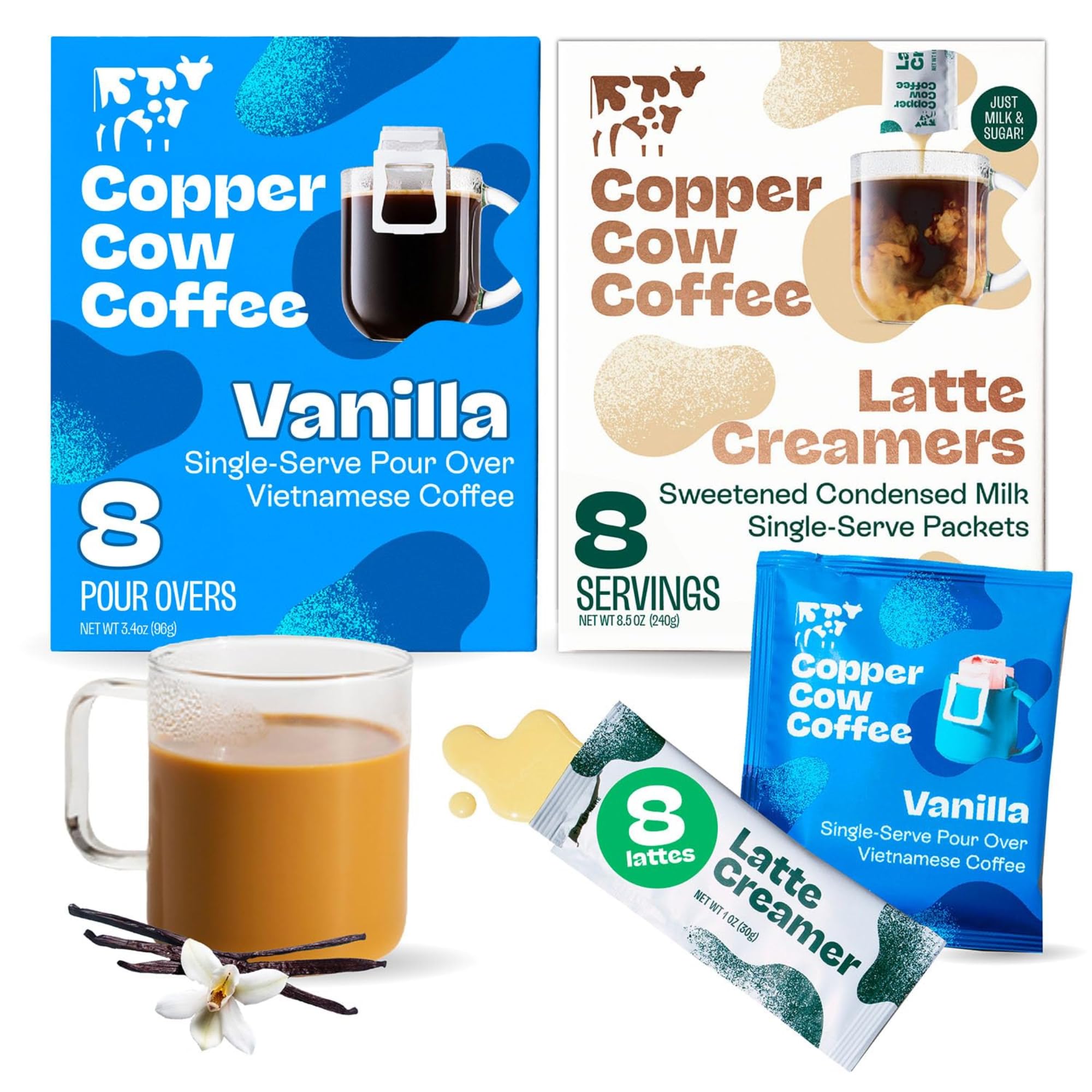 Pour Over Vietnamese Coffee Pouches + Sweetened Condensed Milk Creamers (8 Coffees & 8 Milk Creamers) | Vanilla Lattes, No Refrigeration Needed, Travel Friendly Ground Coffee