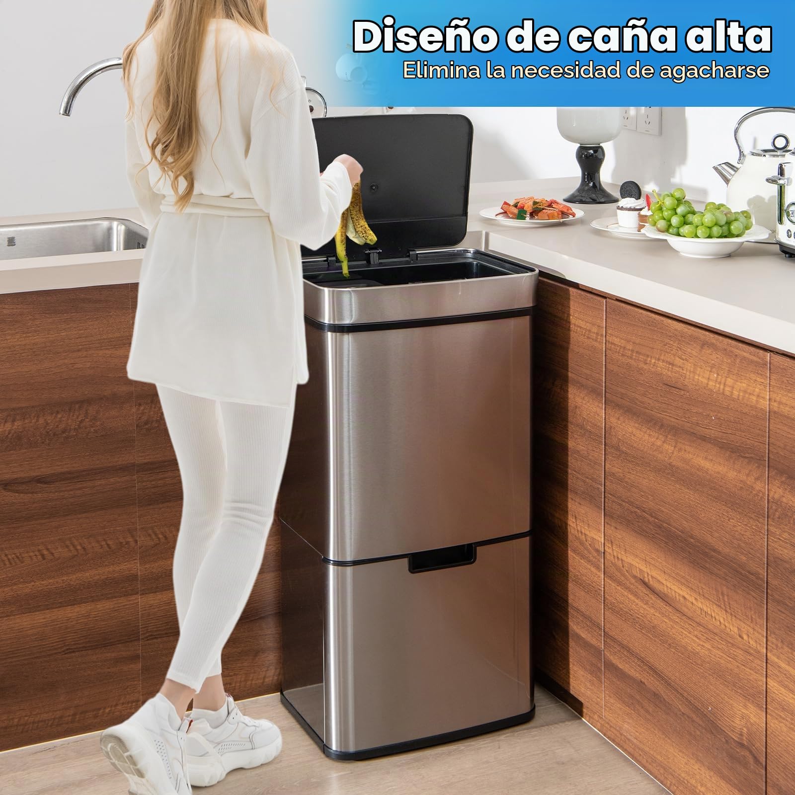 GIANTEX Cubo de Basura de Acero Inoxidable de 72 L, Bote de Basura con Sensor de Movimiento con Tapa de Cierre Suave, Cubos Interior Extraíbles, Clasificación de Basuras, para Cocina