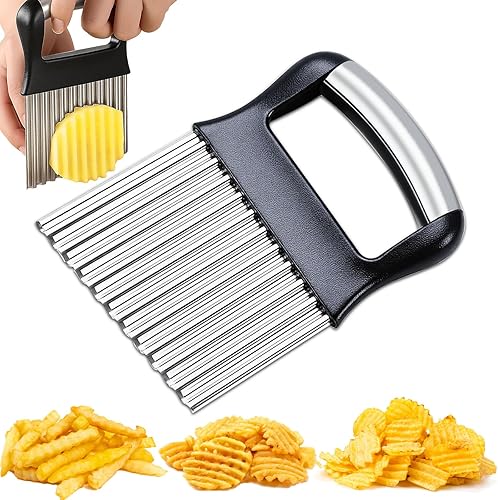 FANTEXY Cortador de arrugas para verduras, cortador de papas fritas de acero inoxidable para papas, pepinos, zanahorias, picador ondulado, waffles
