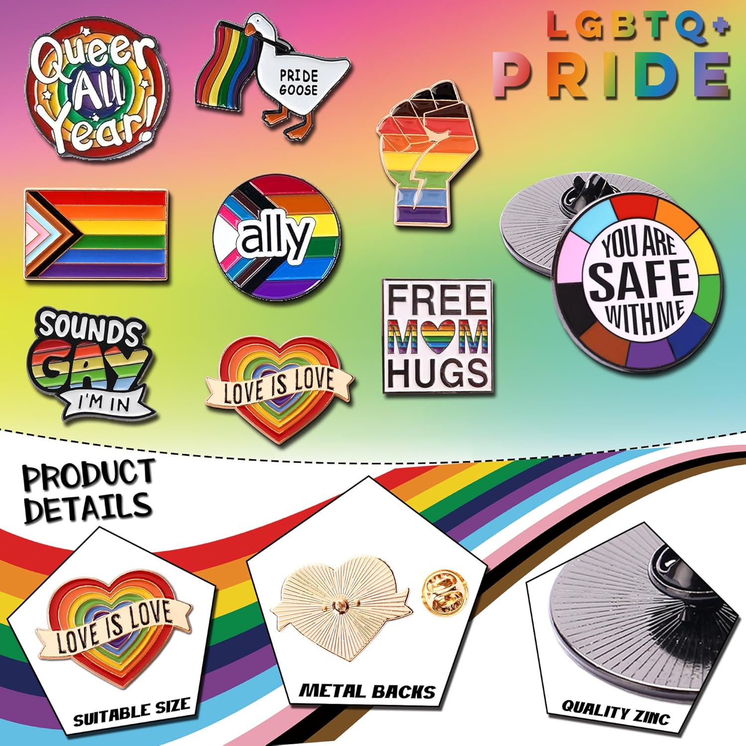 9 Pcs Pride Pins Bulk, You Are Safe With Me Gay Pride Month Enamel Pins Ally Rainbow Flag Lapel Brooch Pin LGBT Decoration Accossories for Backpacks Bags Lanyard Lesbian Trans Queer LGBTQ - Image 3