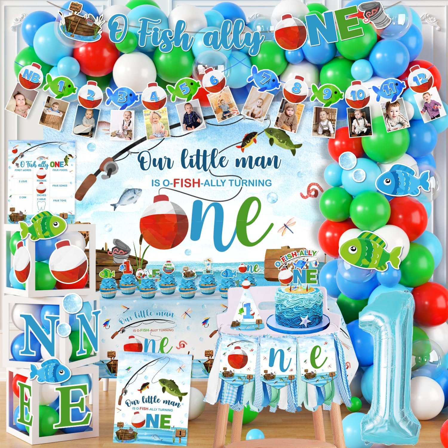 Ofishally One Birthday Decorations,161pcs Gone Fishing 1st Birth day Party Banner Backdrop Tablecloth Cake Topper Ofishally One Balloon Arch for 1st Birthday Decorations Boy Supplies