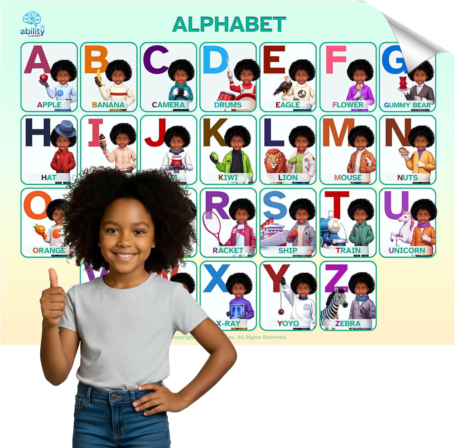 KIARES Alphabet Poster for Classroom Wall – ABC Bulletin Letters for Toddlers & Kindergarten – Self-Adhesive Visual Aid – OT Designed – 16 Ethnic Options (African American Girl)