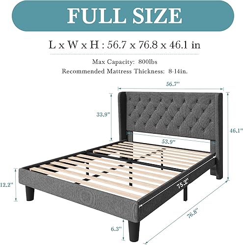 Miniatura 2 de HOOMIC Base de cama clásica de tamaño matrimonial con cabecera copetuda con botones y respaldo de alas, plataforma tapizada con fuerte soporte de