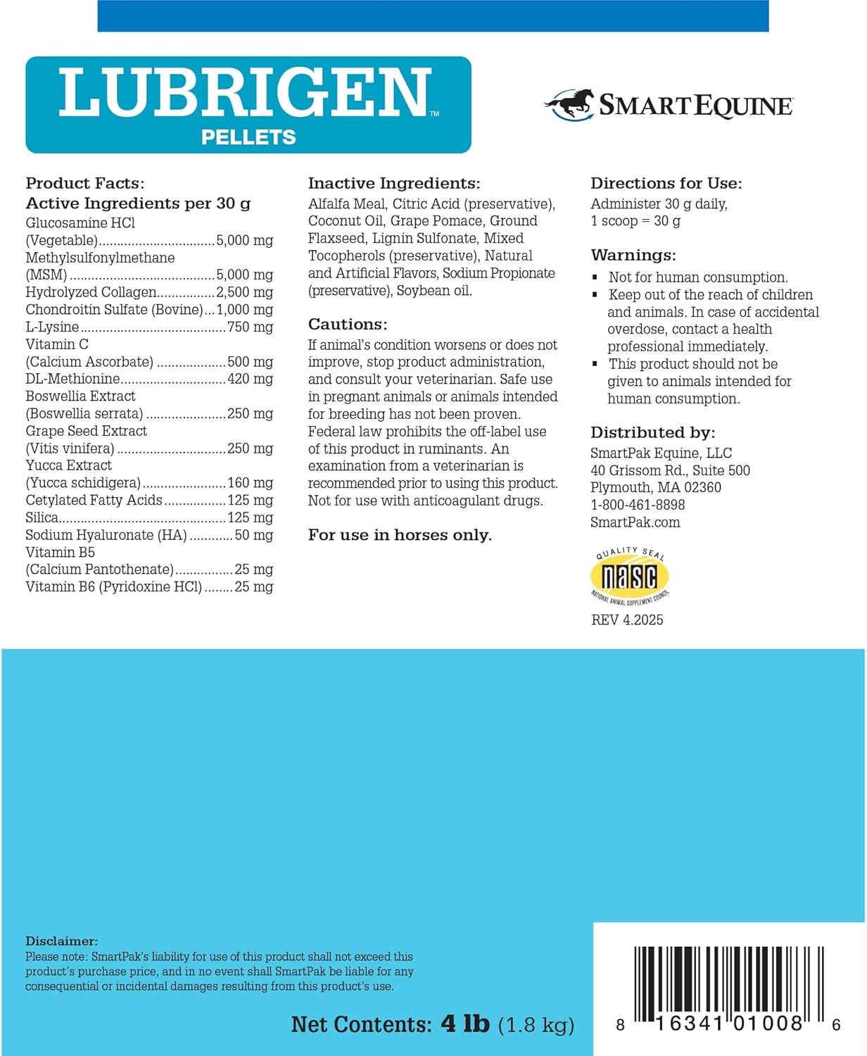 SmartEquine Lubrigen Pellets | Advanced Joint Supplement with Glucosamine, Chondroitin | Horse Supplement for Mobility & Connective Tissue Health | 4 lb Bucket