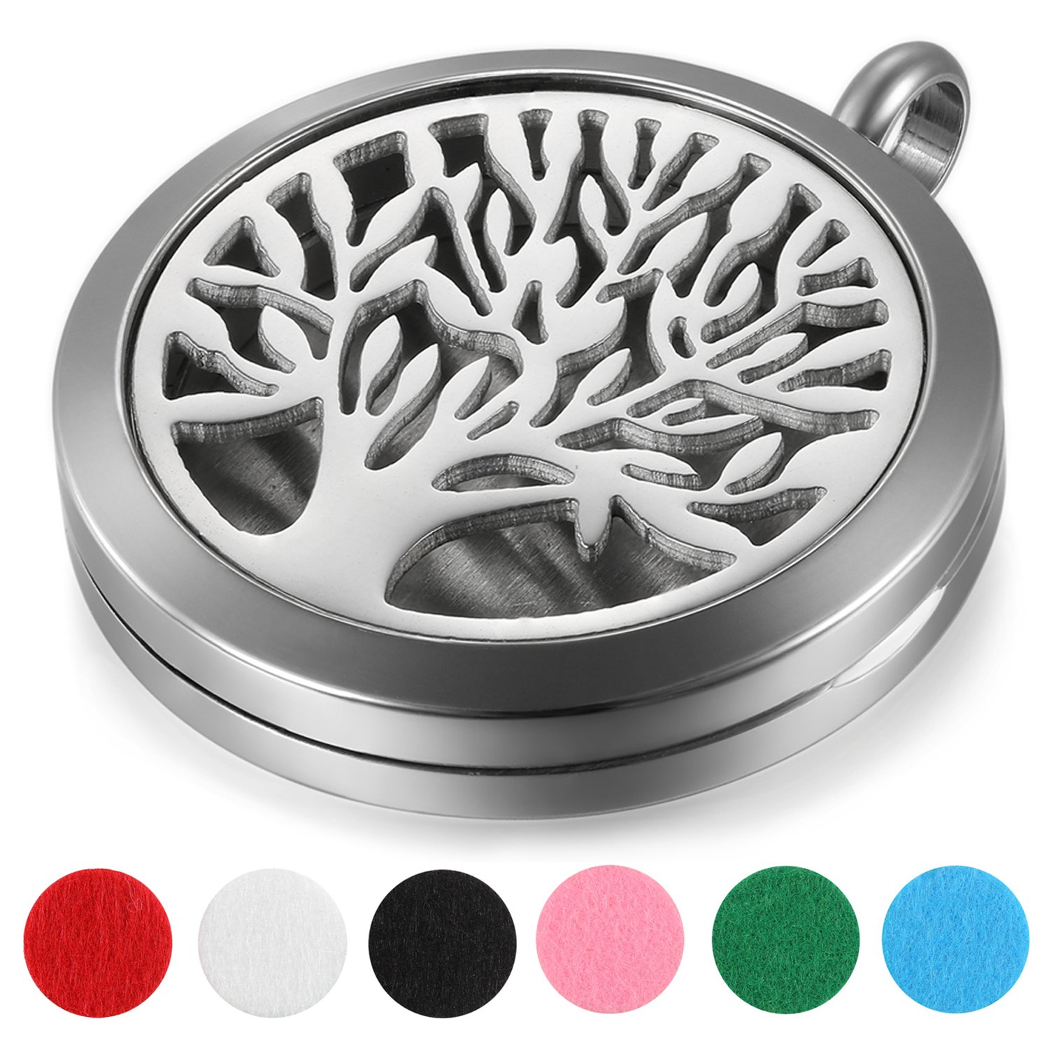 JewelryWe 16PCS Set Damen Halskette, verschiedene Design Edelstahl Aromatherapie Ätherische Öle Diffusor öffenbar Floating Medaillon Locket Anhänger mit 6 Bunt Filzkreisen und 45cm Kette, Silber