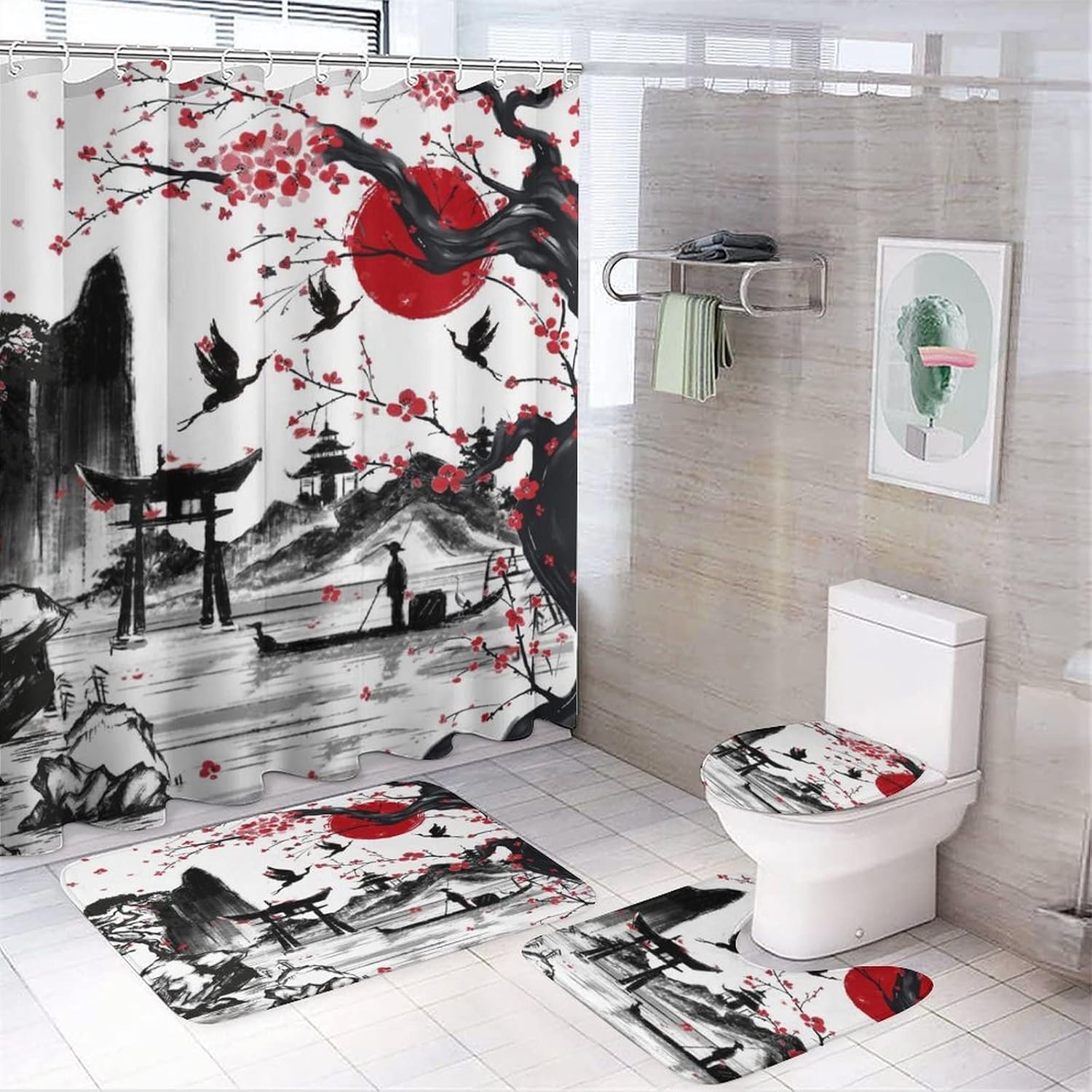 Vintage Japanese Style Shower Curtain Sets with Rugs 4 Piece Accessories Bathroom Curtains Shower Set Include Shower Curtain Non-Slip Rug Toilet Lid Cover Bath Mat One Size