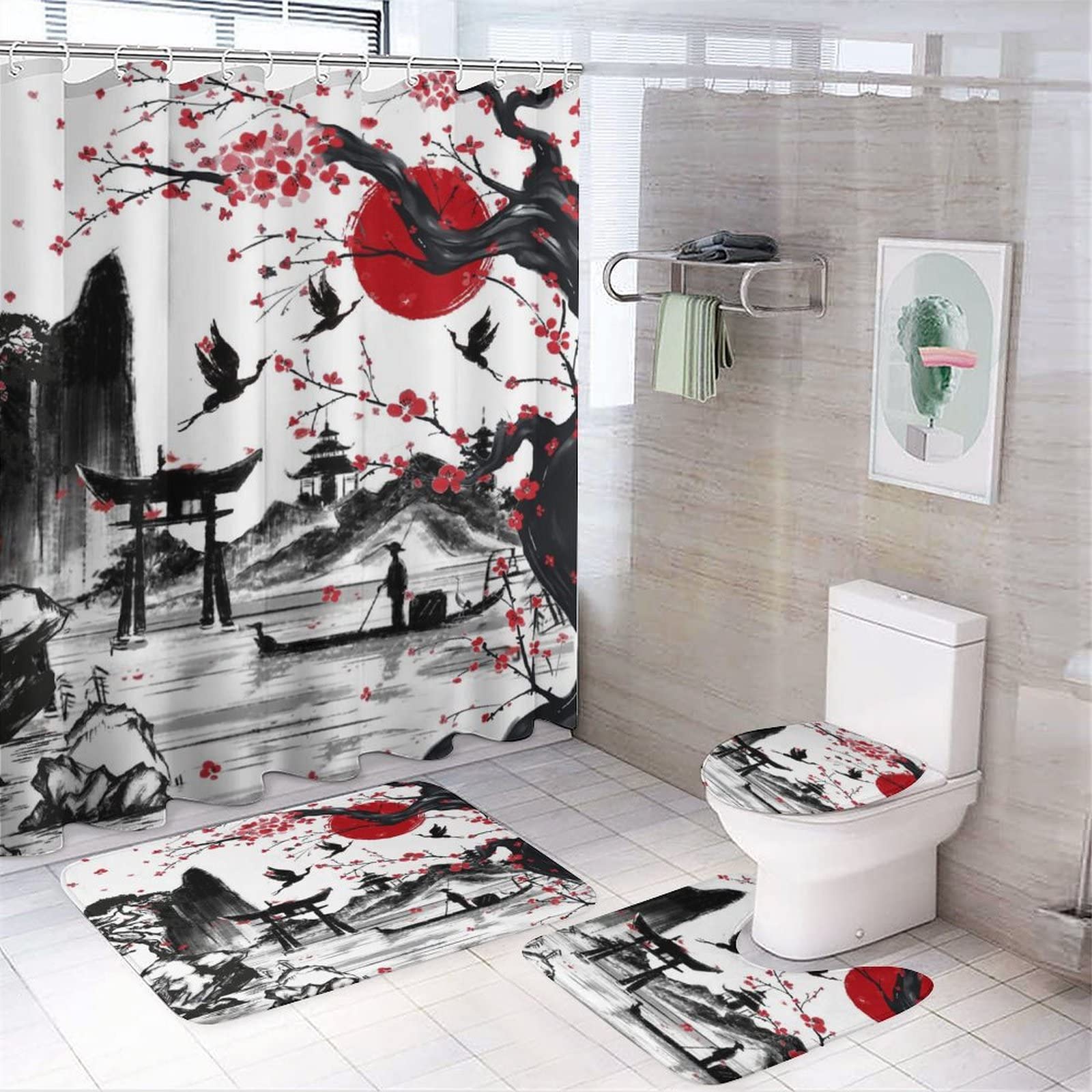 Vintage Japanese Style Shower Curtain Sets with Rugs 4 Piece Accessories Bathroom Curtains Shower Set Include Shower Curtain Non-Slip Rug Toilet Lid Cover Bath Mat One Size