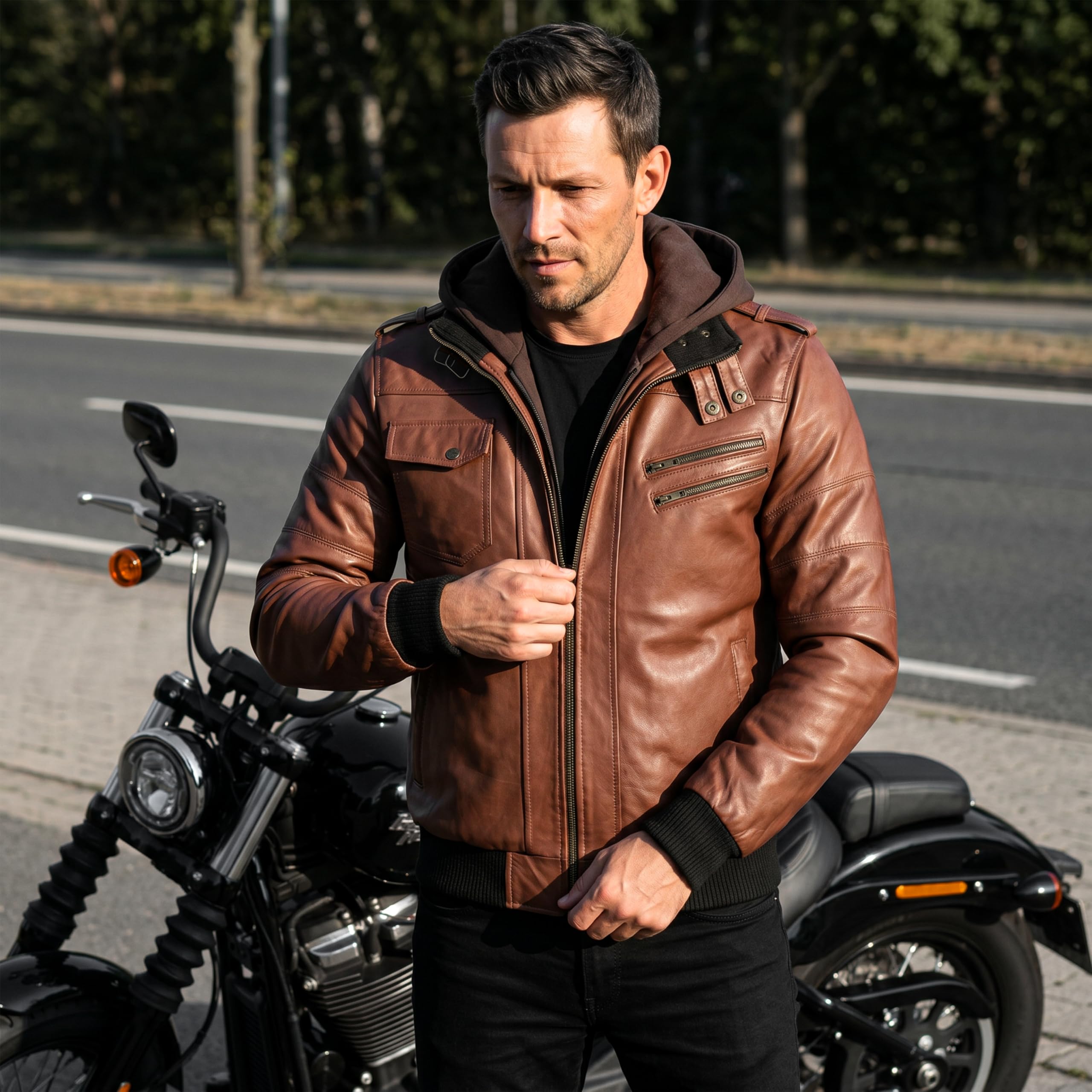Leatherick Giacca in pelle di agnello di alta qualità da uomo – Cappuccio in pile rimovibile con 7 tasche funzionali e chiusura frontale con cerniera