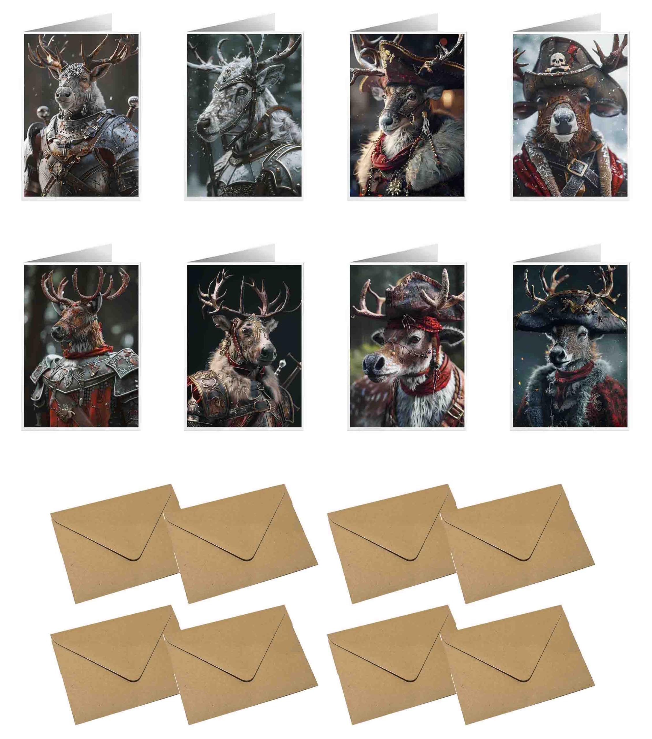 Lot de 8 cartes de vœux vierges amusantes et réalistes pour toutes les occasions et 8 enveloppes. Dimensions : 105 x 148,5 mm (renne, pirate, renne chevalier)