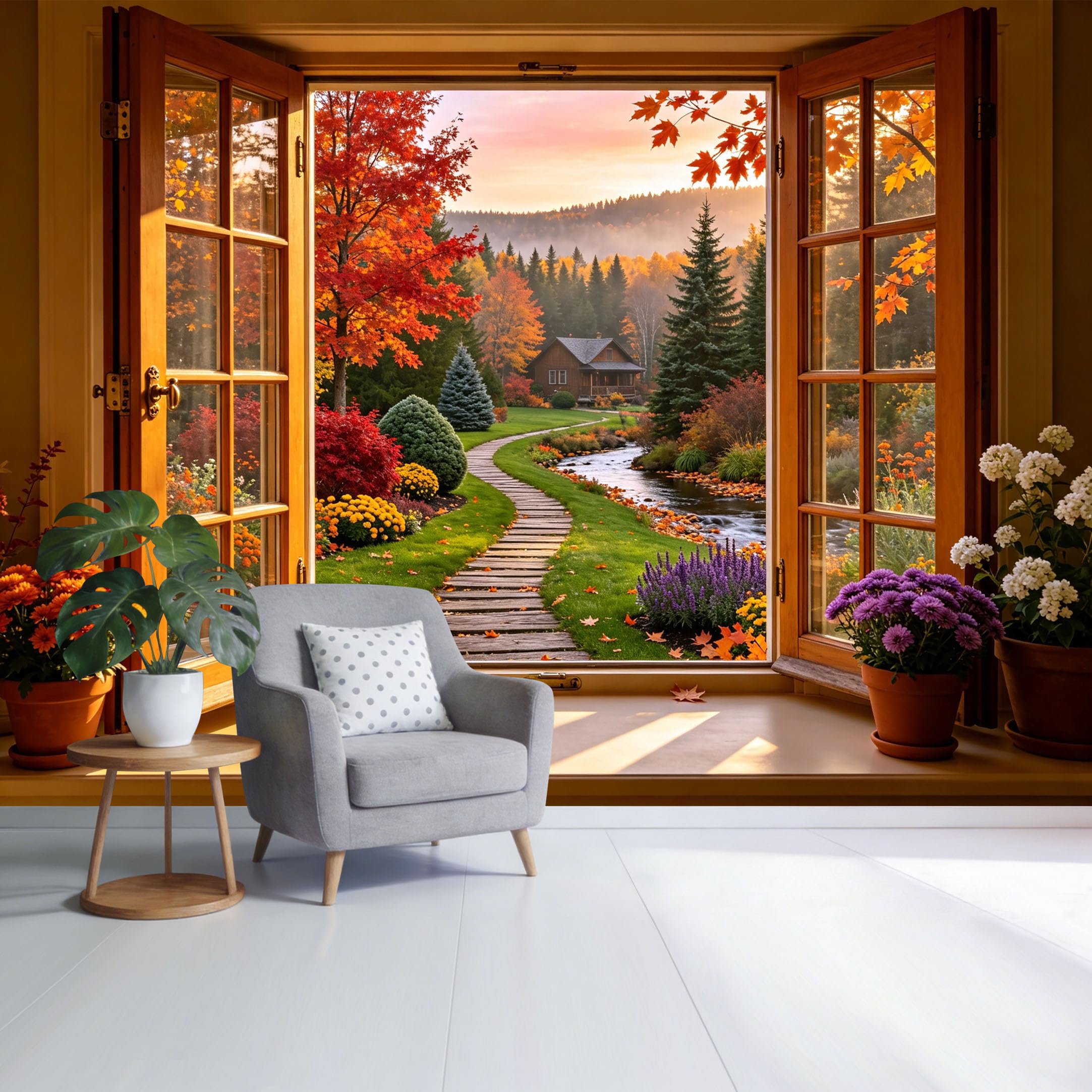 Custom Size Wall Mural， Autumn Forest Cabin River Path Landscape 3D Trompe L'Oeil Removable Self Adhesive Fabric， Home Wall Decor for Living Room Bedroom Bathroom