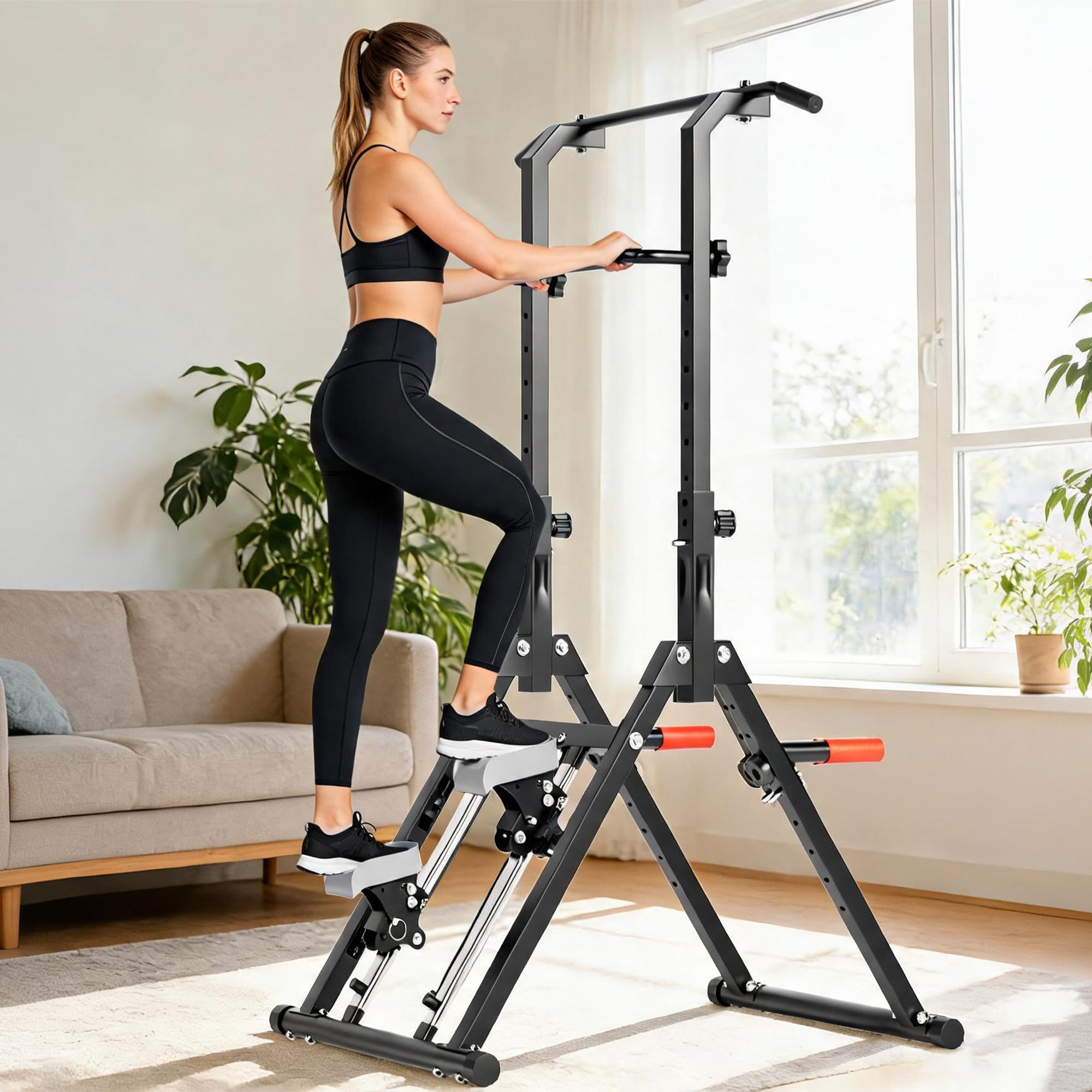 Höhenverstellbare Kraftstation Multistation mit Klettertrainer, Fitnessturm Klimmzugturm mit Stepper, 150kg Traglast Dip Station Klimmzugstation Sportgerät Heimtraining, 77,5×126×159–208cm