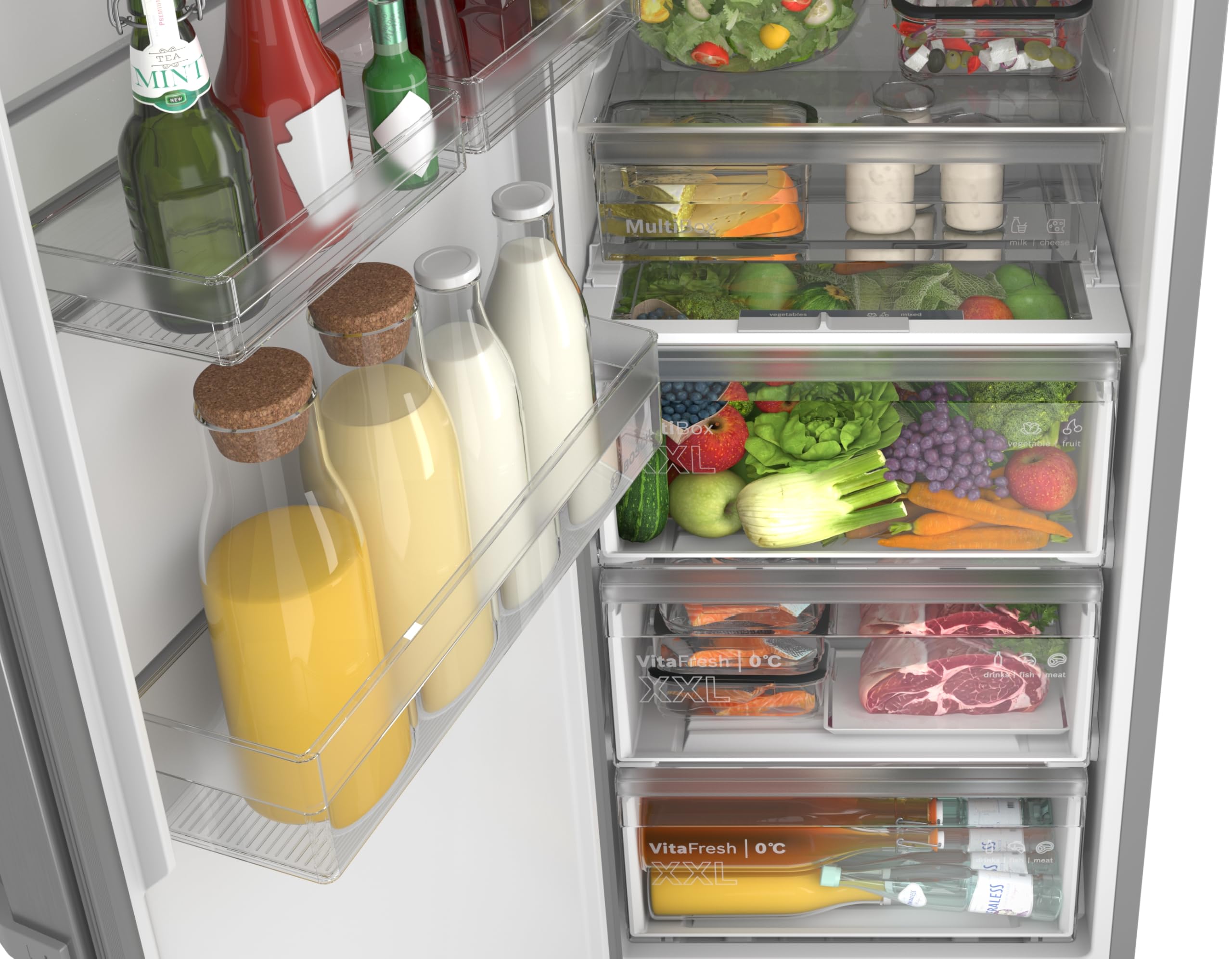 Bosch Seria 4 lodówka wolnostojąca 186,2 x 59,5 cm, KSN36VLDG, pojemność użytkowa 402 l, Total No Frost, VitaFresh XXL 0°C, MultiAirflow zapewnia równomierne chłodzenie, Home Connect, wygląd metalu