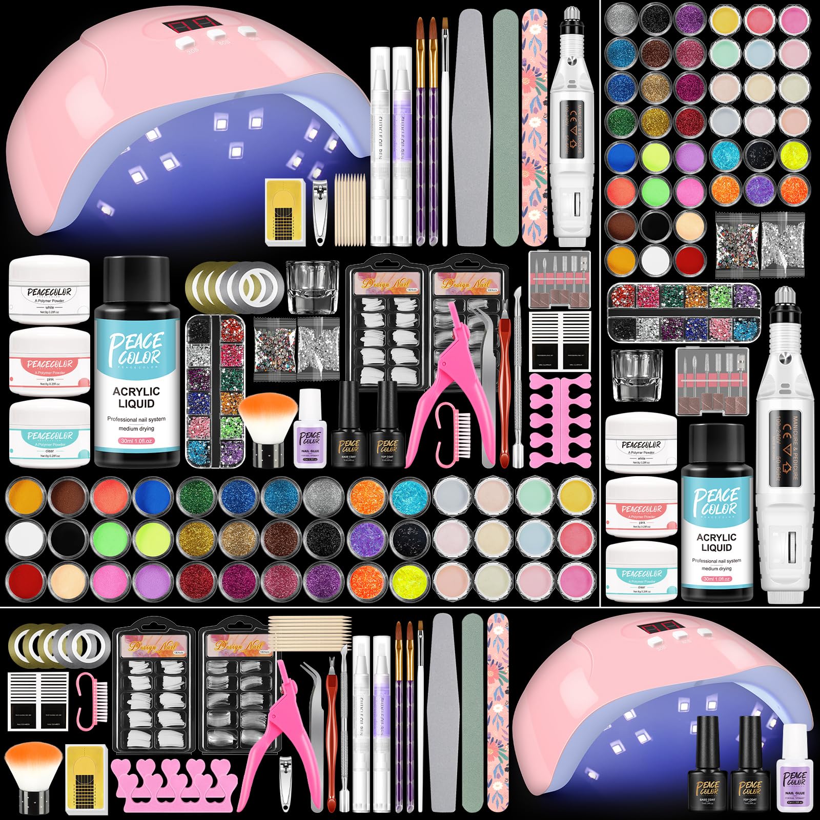 PEACECOLOR Kit para Decoración con 36W Lámpara para Uñas con Uñas Polvo 3 Colores Esmaltes de Uñas Arte Lima de Uñas Eléctrica, Kit de Completo Herramientas Adecuado para Principiantes y Expertos