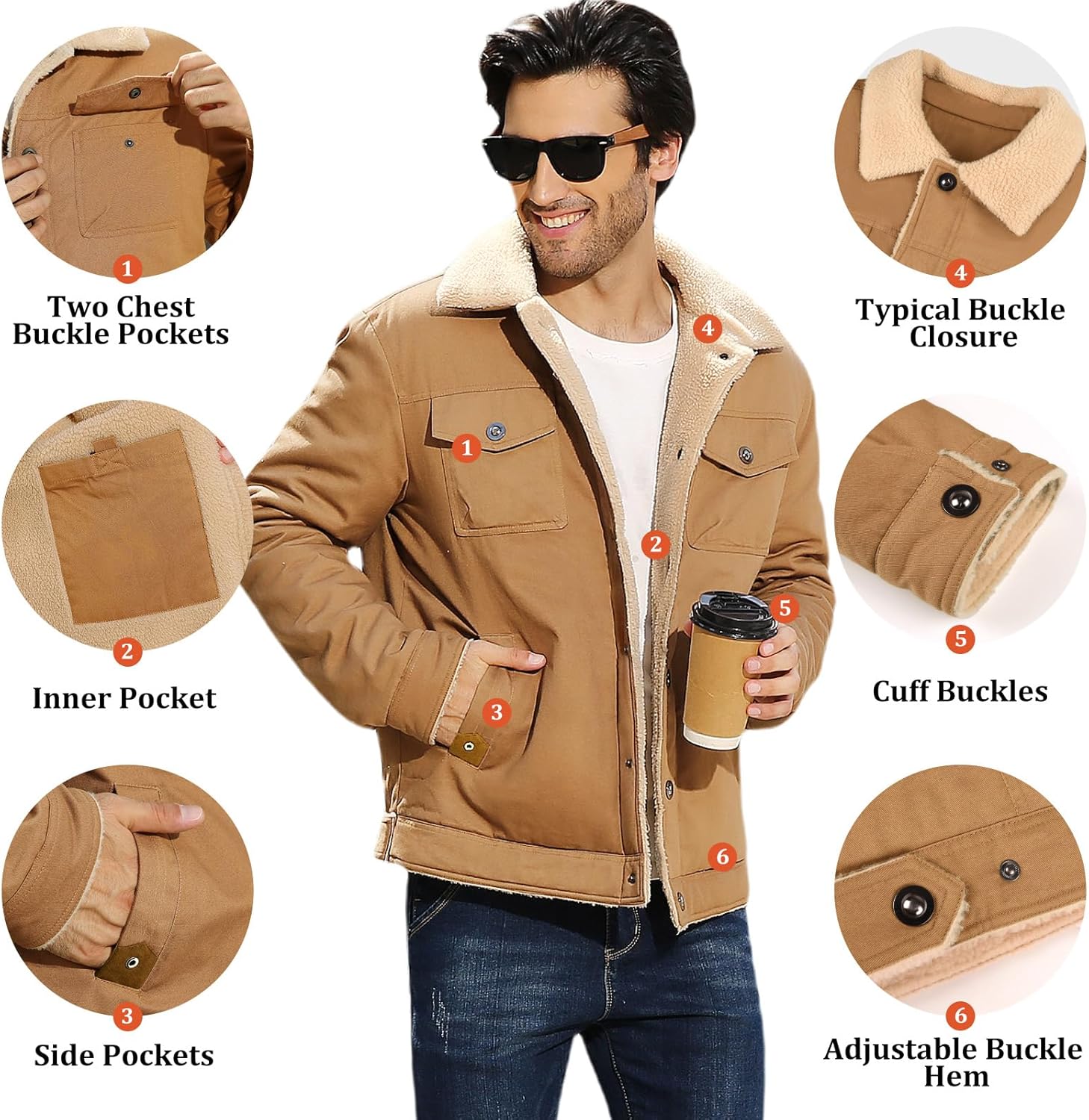 Mens Winter Jacket Thick Thermal Cotton Warm Fleece Lined Sherpa Jacket Trucker Lapel Work Cargo Jackets Coat Outerwear - Image 4