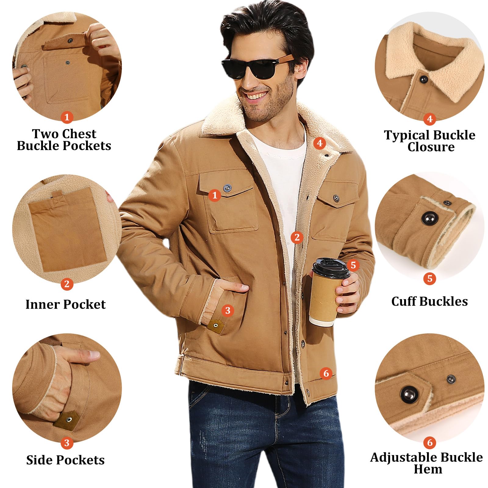 Chaqueta de invierno para hombre, de algodón térmico grueso, con forro polar cálido, chaqueta de sherpa, chaqueta de camionero con solapa, chaqueta cargo para el trabajo