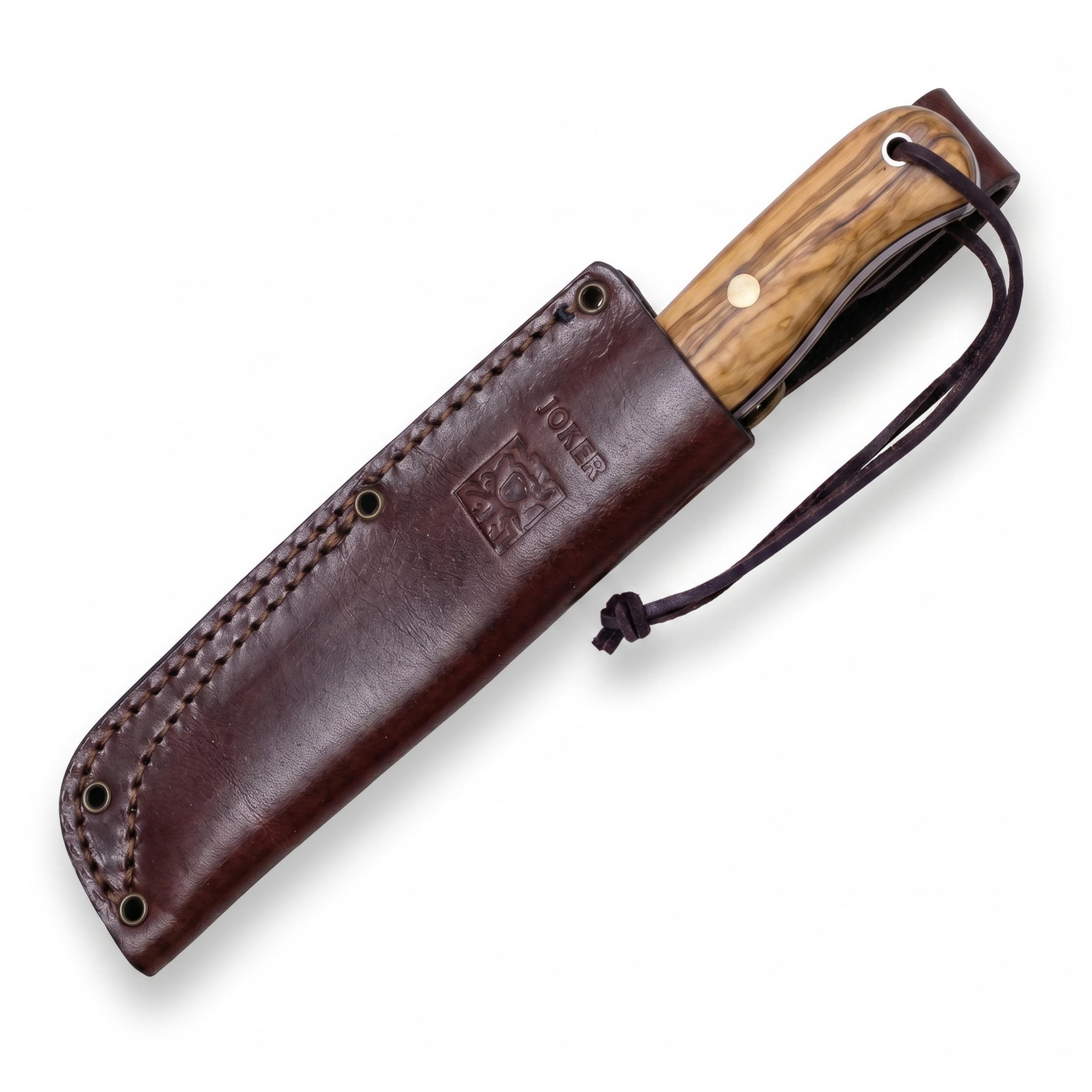 Joker Bushcraft Messer BS9 Campero CO112, Gürtelmesser mit Griff aus Olivenholznholz, Lederscheide, Klinge 10,5 cm aus Stahl Sandvik 14C28N, Werkzeug zum Angeln, Jagen, Camping und Wandern