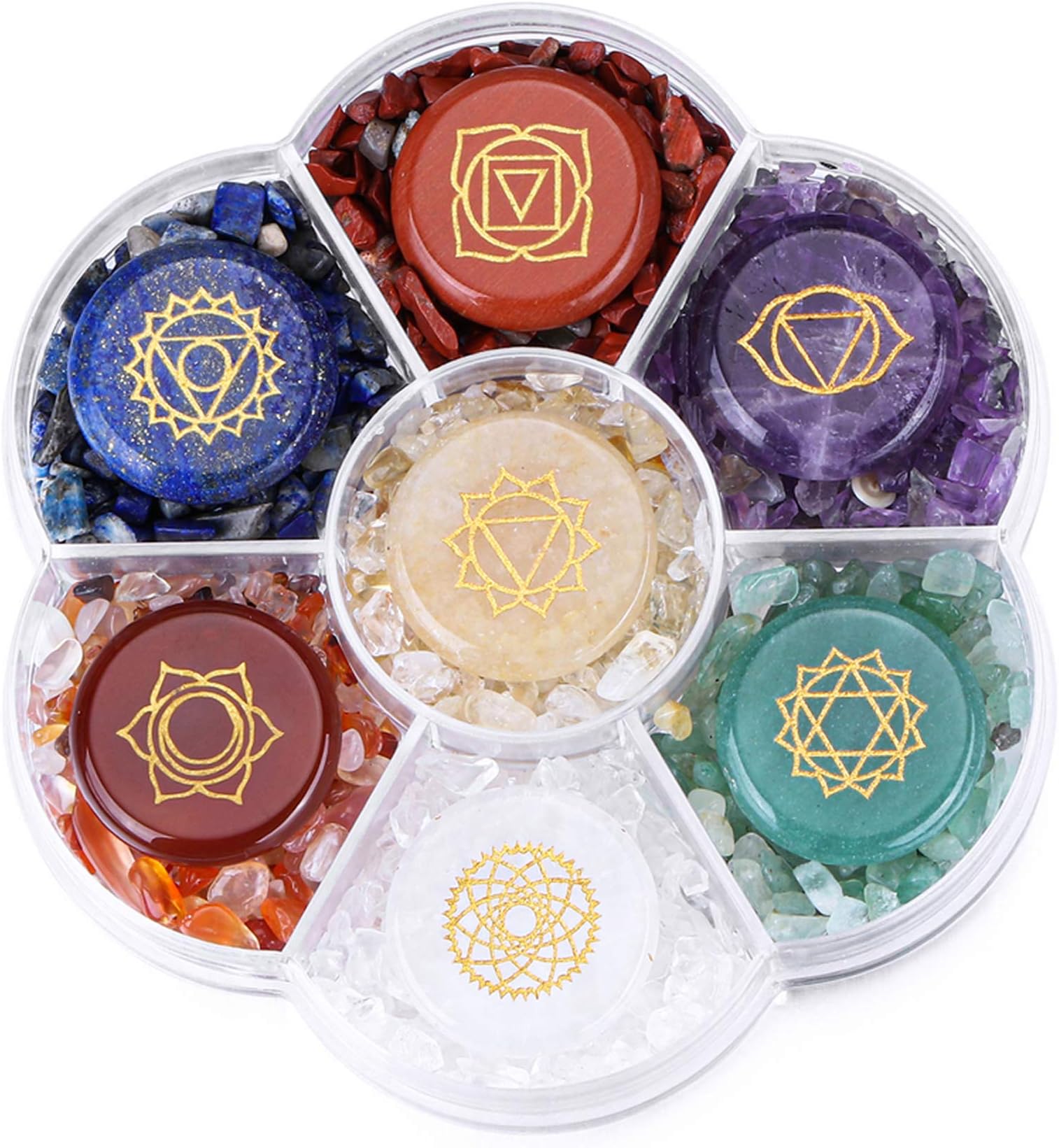 CrystalTears 7 Chakra Crystal Stones Natural Reiki Healing Crystal Gemstone Engraved Chakra Symbol Tumbled Polished Chakra Stone Kit for Meditation Crystal Therapy Christmas Gift, Plastic Crystal