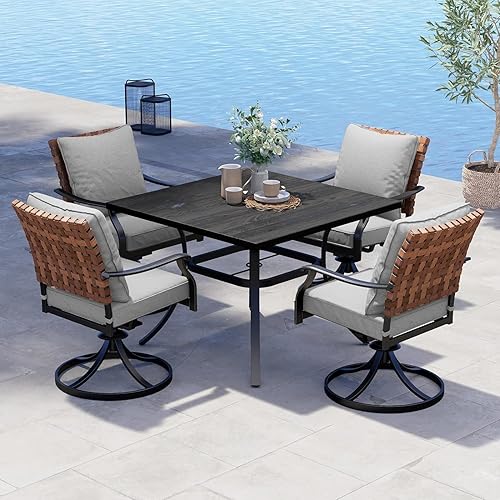 Grand patio Juego de comedor de exterior de 5 piezas, 4 sillas de patio giratorias de mimbre con aspecto de cuero y 1 mesa de comedor cuadrada, negro