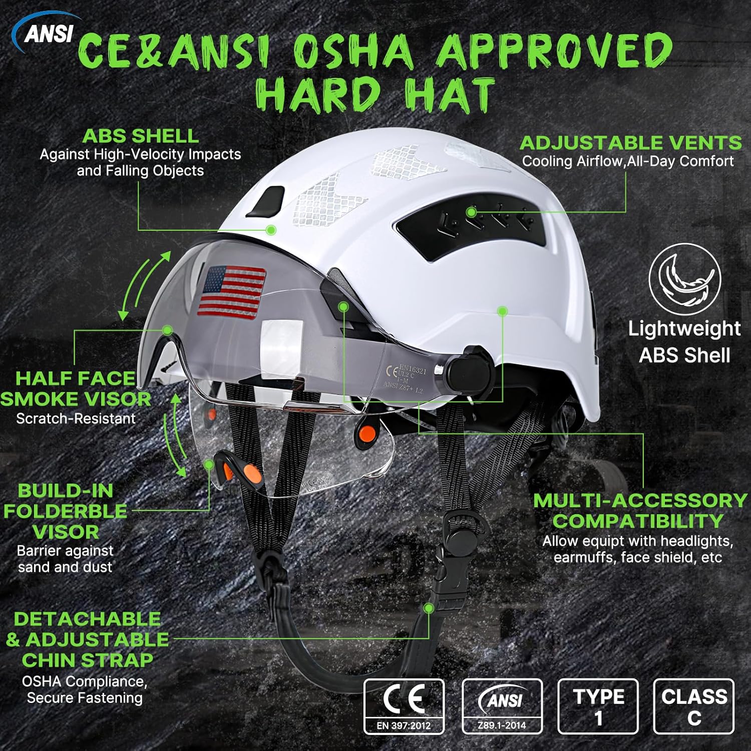 Aolamegs Hard Hats Construction OSHA Approved with Dual Visor-Safety Helmet Hard Hat with Chin Strap,Vented Hard Hat with Visor and Sunglasses,Arborist Forestry Helmet,ANSI Z89.1 Type 1 Class C