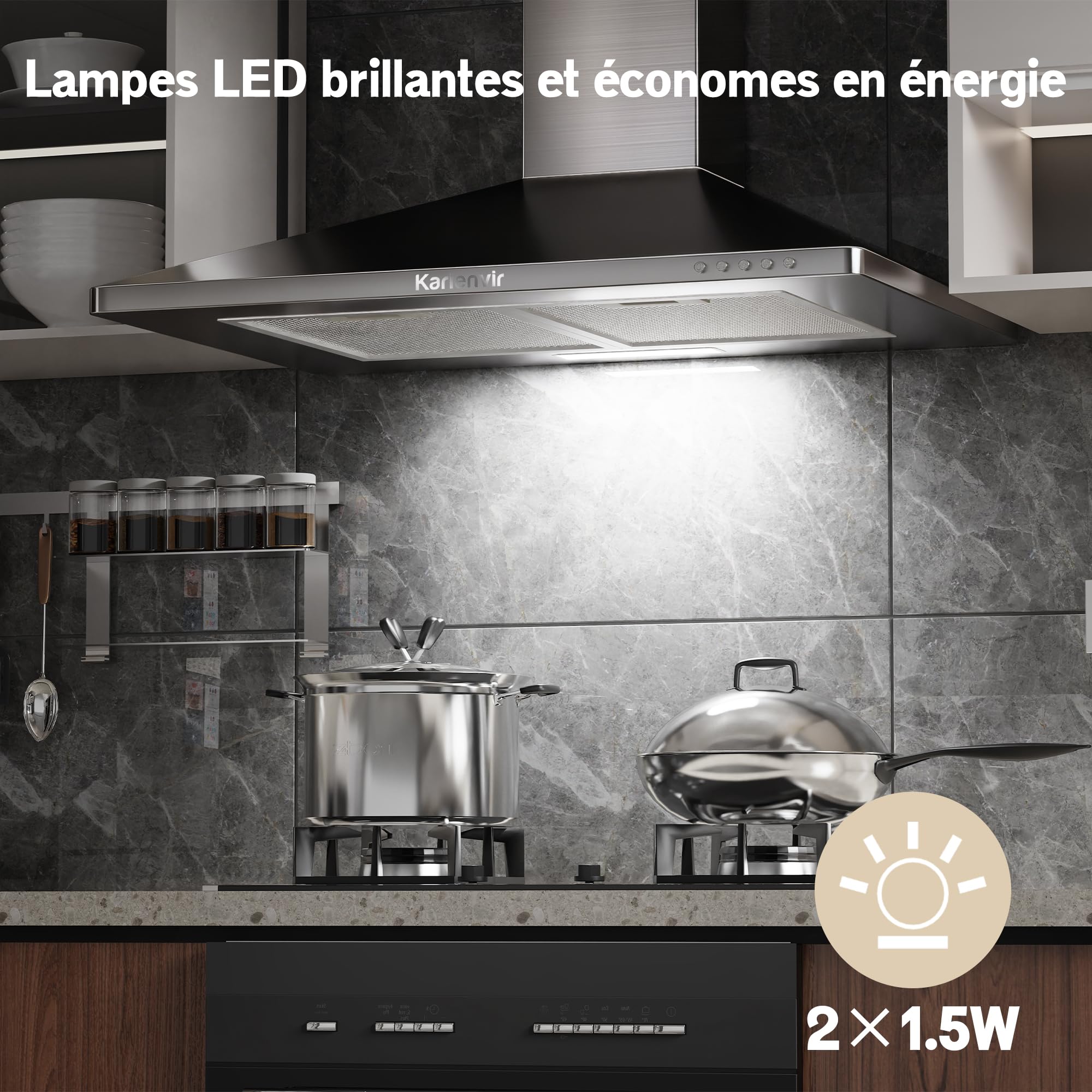 Hotte aspirante de 60 cm, hotte encastrée, LED, 300 m3/h