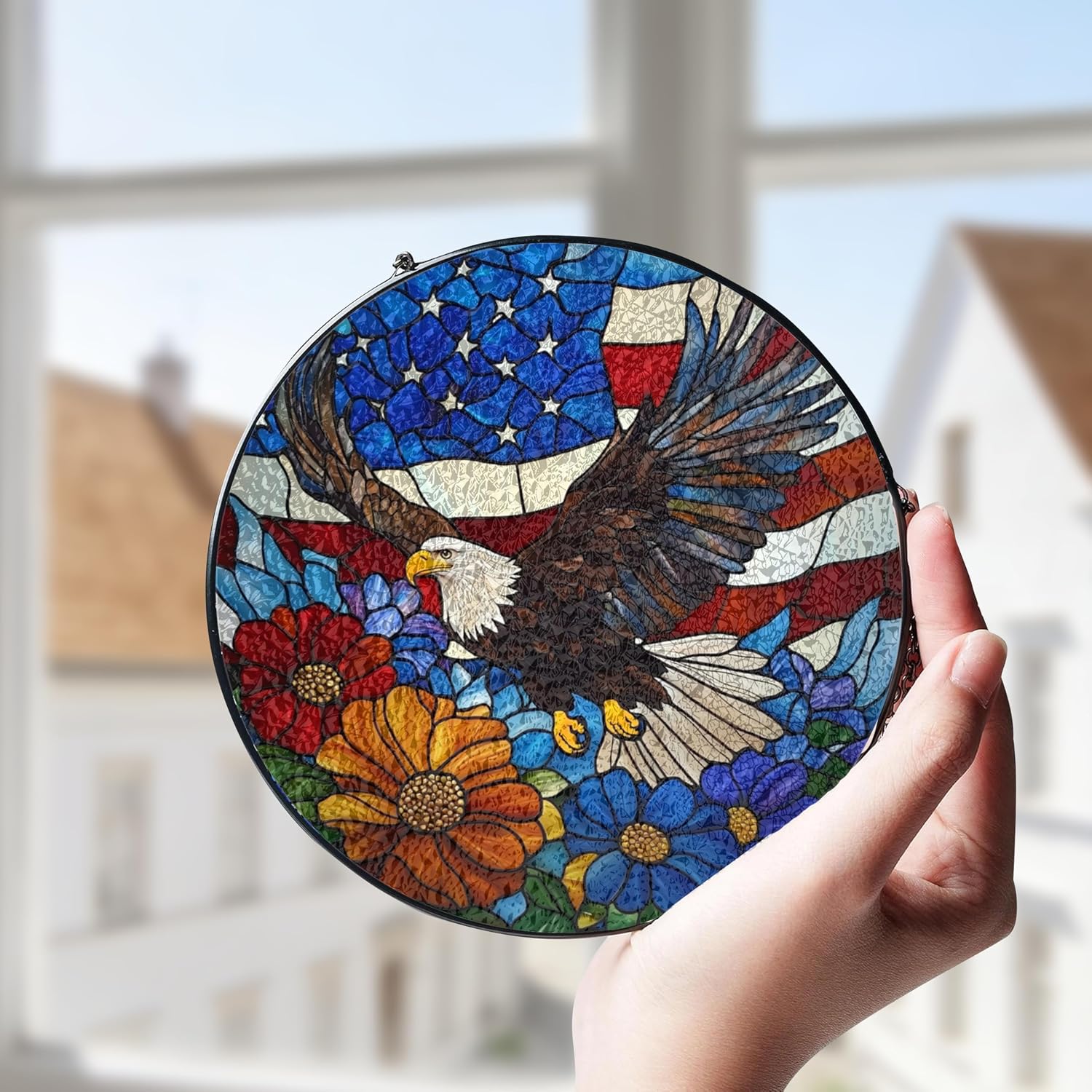 Patriotic Eagle American Flag Stained Glass Window Hanging Suncatchers Independence Day Bird Floral Glass Panel Hangings American Freedom Fourth of July Gift for Dad Mom Friend Eagle Lovers 11.8inch