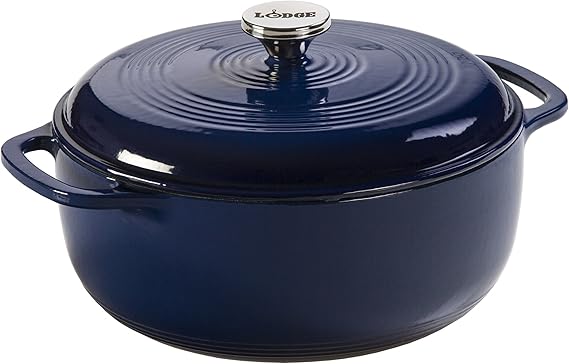 Lodge 6 Quart Enameled Cast Iron Dutch Oven with Lid – Dual Handles – Oven Safe up to 500° F or on Stovetop - Use to Marinate, Cook, Bake, Refrigerate and Serve – Indigo