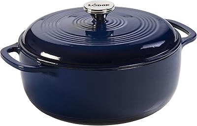 Lodge 6 Quart Enameled Cast Iron Dutch Oven with Lid – Dual Handles – Oven Safe up to 500° F or on Stovetop - Use to Marinate, Cook, Bake, Refrigerate and Serve – Indigo