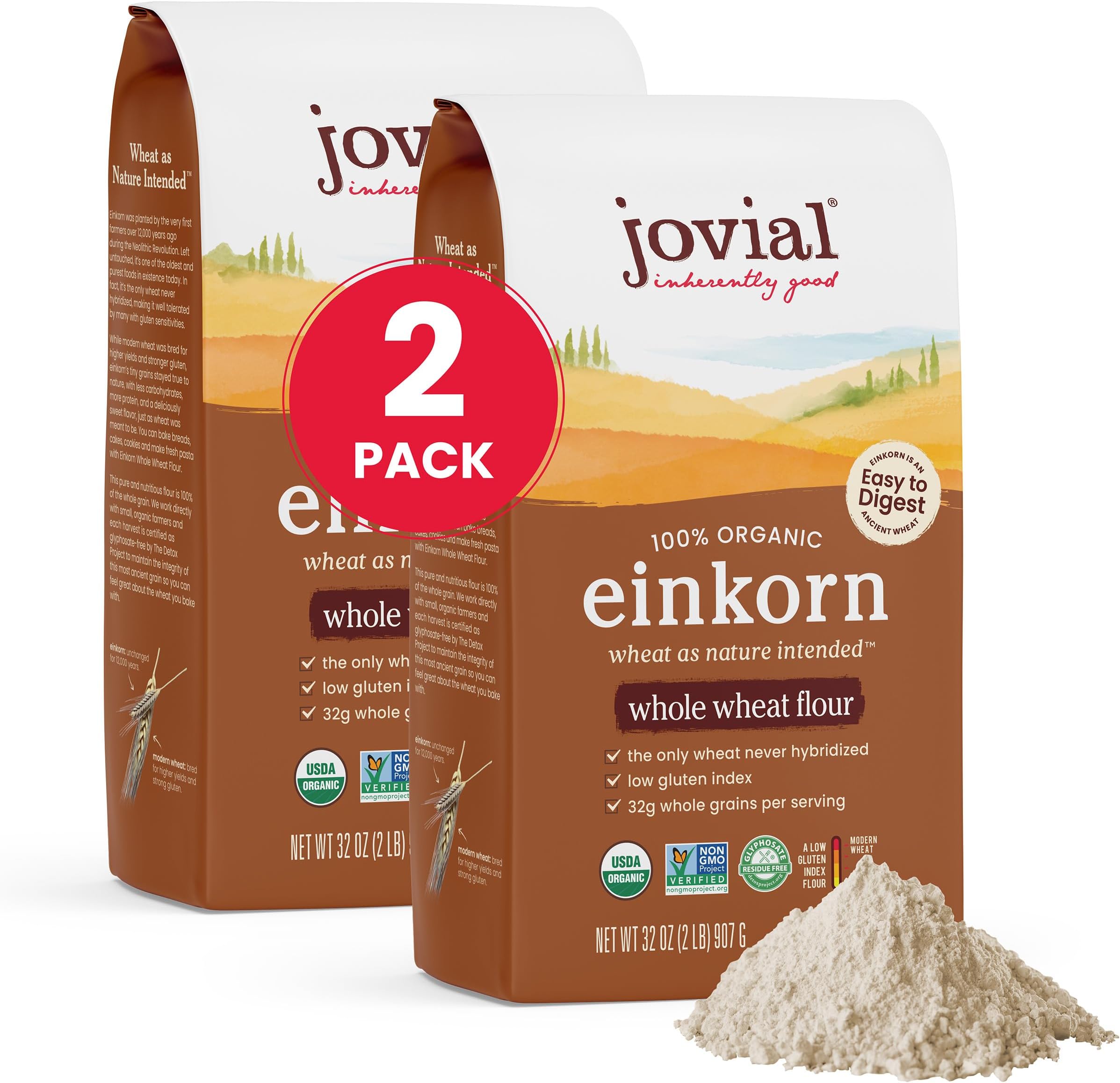 Jovial Einkorn Baking Flour | 100% Organic Einkorn Whole Wheat Flour | 100% Whole Grain | High Protein | Non-GMO | USDA Certified Organic | Delicious Taste | Product of Italy | 32 oz (2 Pack)