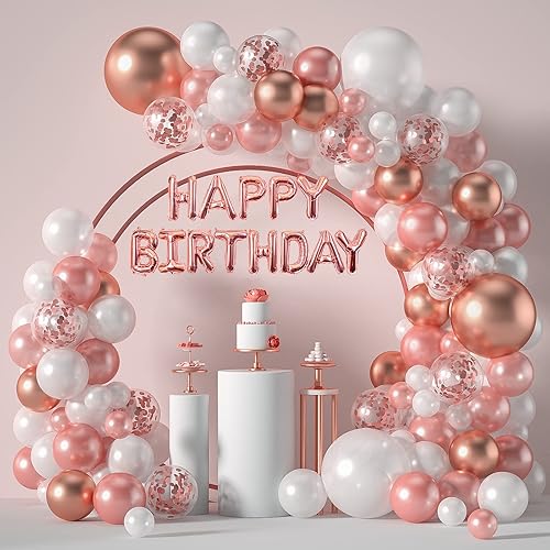 Janinus Kit de arco de guirnalda de globos de oro rosa 51218 pulgadas confeti blanco decoraciones de cumpleaños para mujeres y niñas princesa
