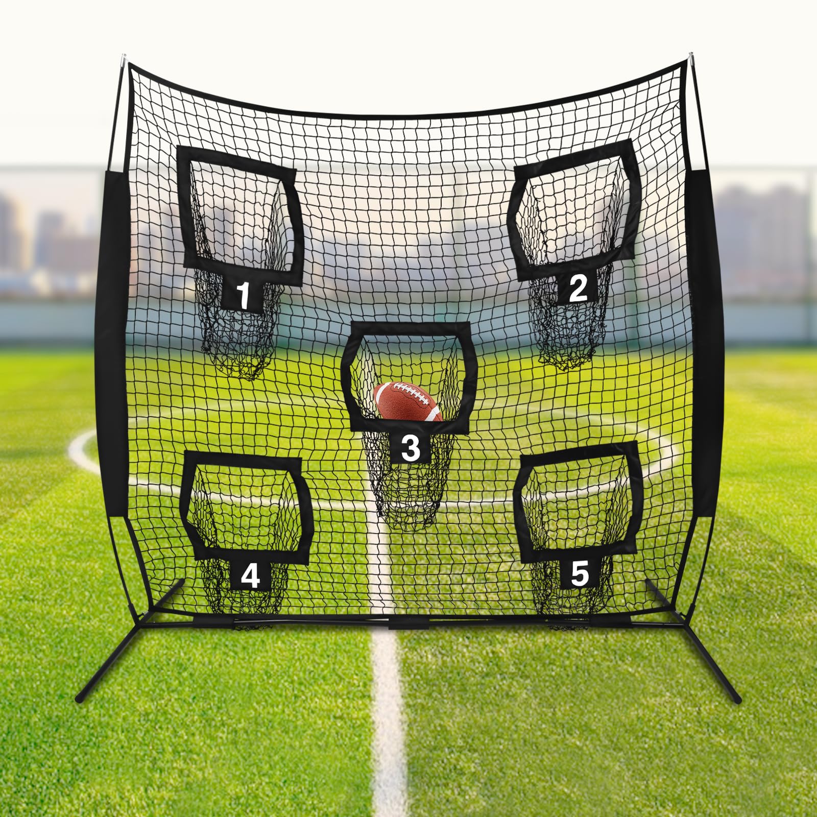 Filet de rugby - 2,13 x 2,13 m - Avec 5 poches cibles - Pour arrière-cours et parcs - Noir