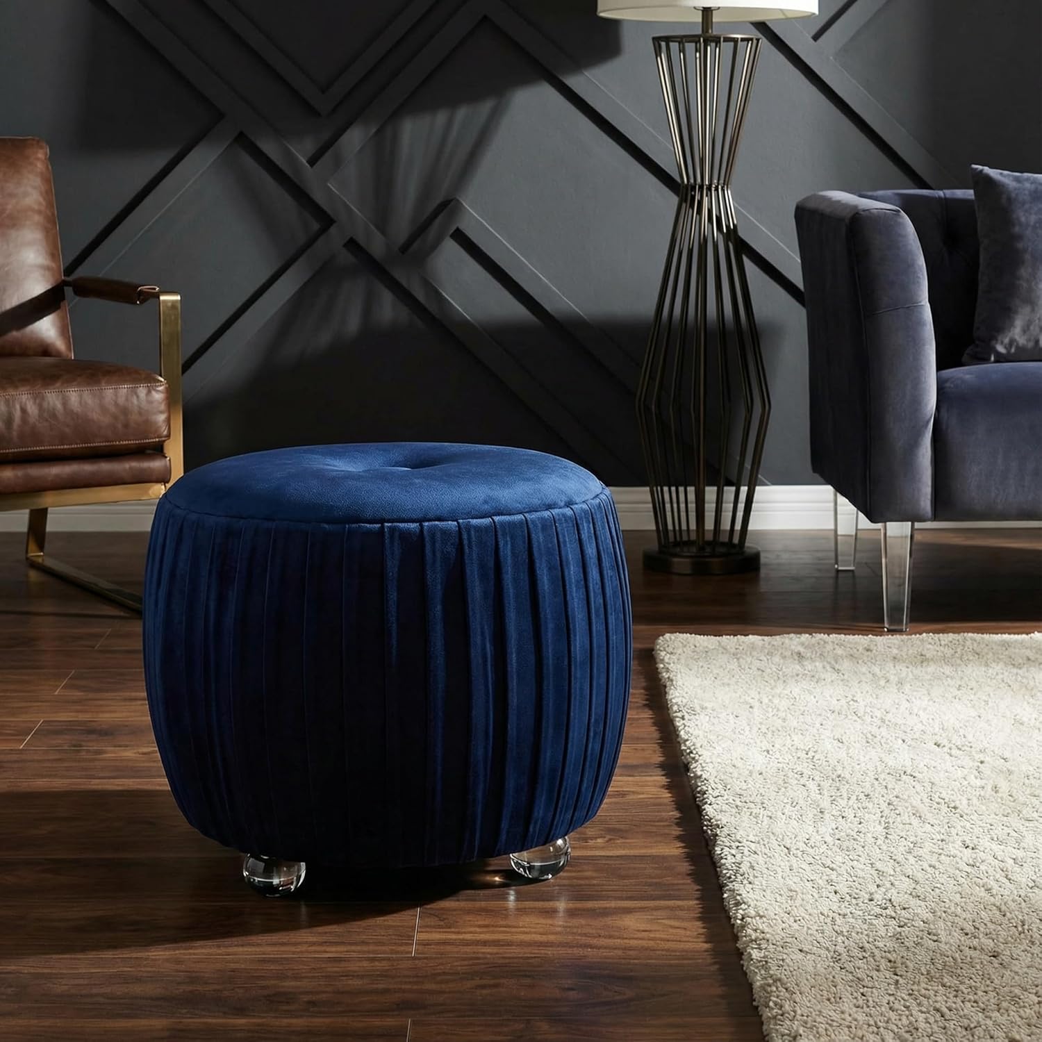 Cortesi Home Doles Round Ottoman with Clear Acrylic Legs 16, High, Navy Blue Velvet