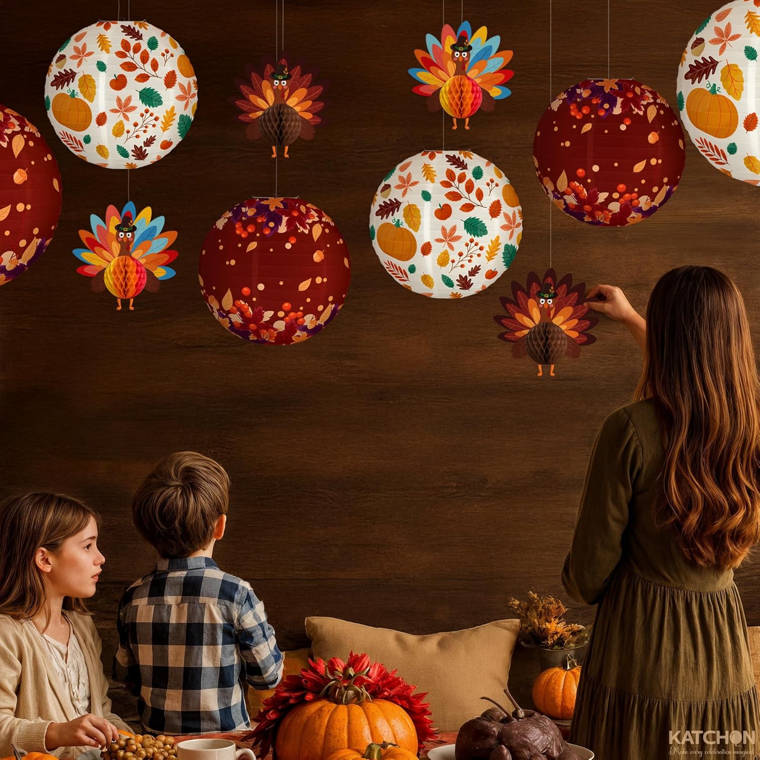 KatchOn, Thanksgiving Garland and Hanging Decoration Set – Pack of 15 | Large Turkey Garlands with Lanterns for Fall Decorations, Friendsgiving, Harvest Party, Indoor and Outdoor Thanksgiving Decor