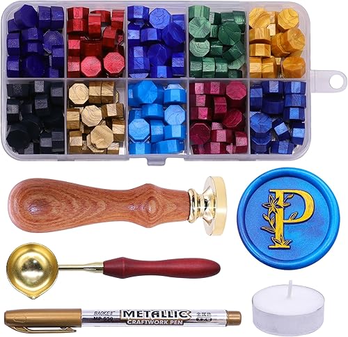 SWANGSA Kit de sello de cera inicial del alfabeto P, elegante sello de sellado de letras florales de flores botánicas con 200 cuentas de cera de