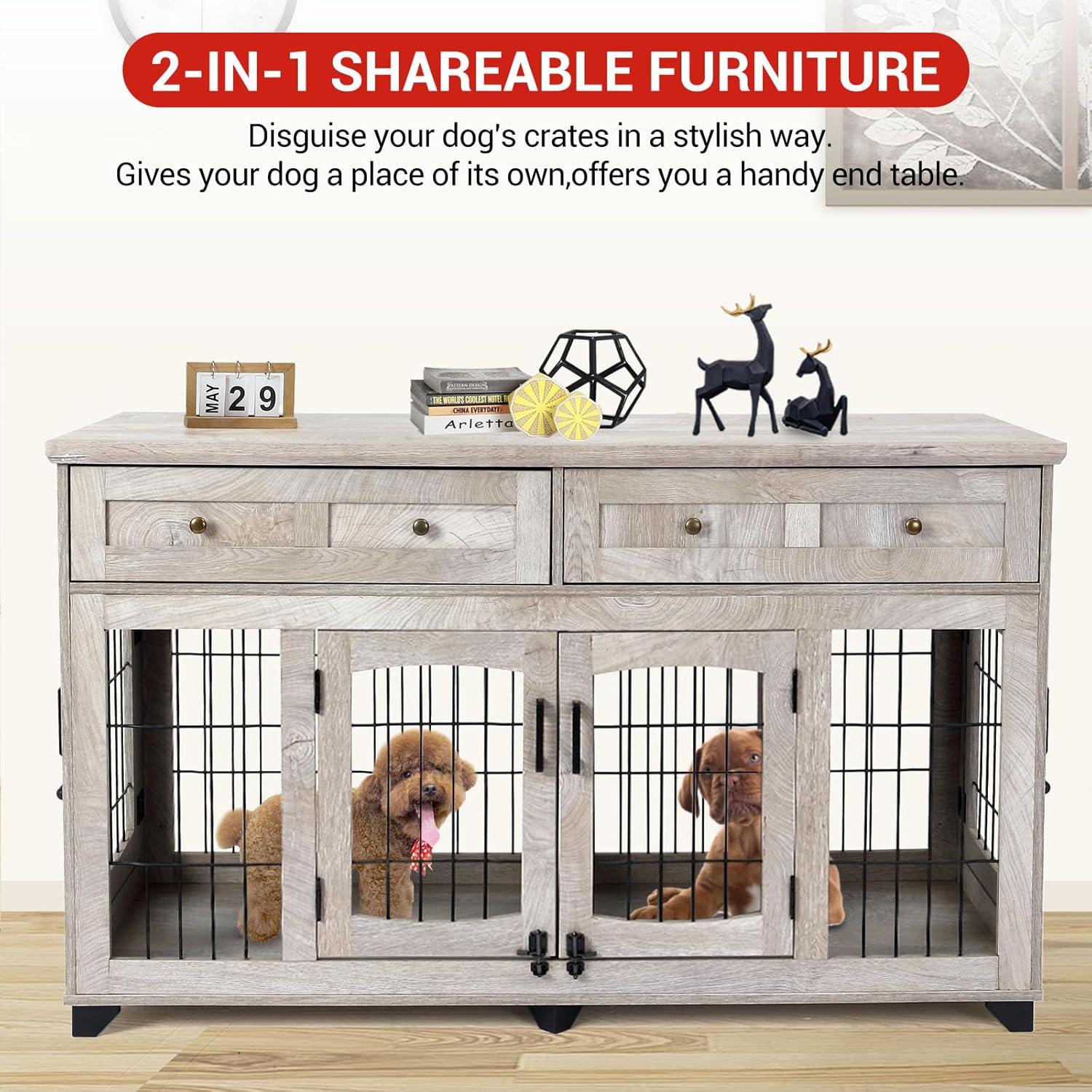 Large Dog Crate Furniture, Double Dog Kennel Furniture with 2 Drawers and Removable Divider, XXL Heavy Duty Wood Dog Crate Table for 2 Dogs Indoor (Gray, 58 in)