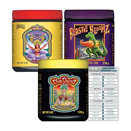 Foxfarm - Trío de nutrientes solubles sésamo abierto, cha ching y beastie Bloomz (paquete de frascos de 3 a 6 onzas) + tabla de canarios gemelos