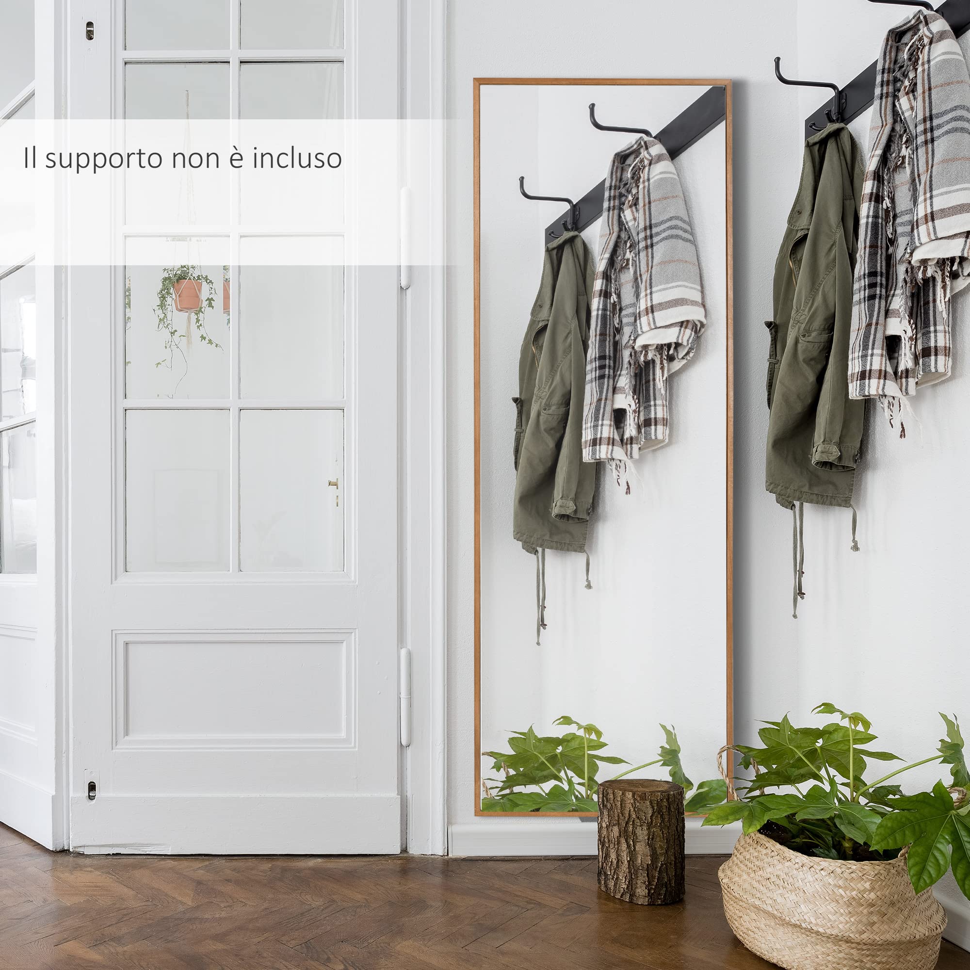 HOMCOM Specchio da Parete e da Appoggio 45x125cm Legno Naturale | Legno di Pino, Ganci inclusi