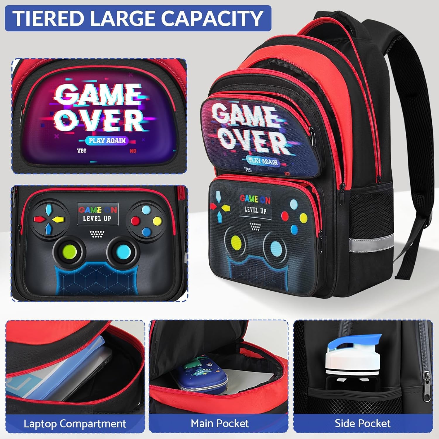 School Backpack for Boys - 3pcs Gamer Boys Backpack with Lunch Box Set for Kids Teens Elementary Middle School - 17″ Video Game Bookbag Travel Back Pack for Age 6-18 - Image 6