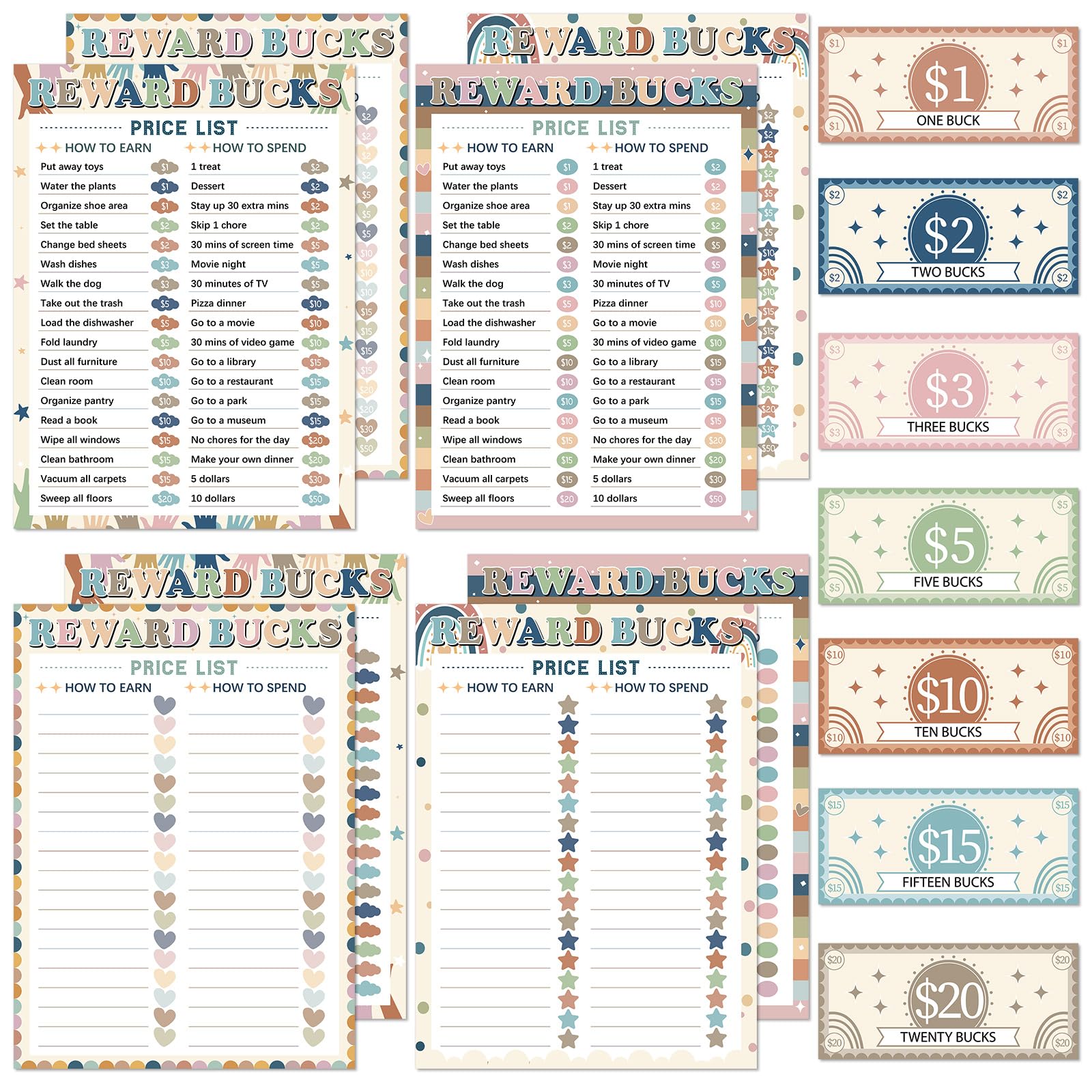 Tabla de recompensas de buen comportamiento, 636 unidades, sistema de recompensas de arco iris, lista de dólares, sistema de recompensas de rutina bohemia, tabla de planificación de tareas de
